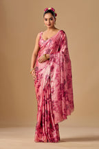 Rose Red Organza Silk Saree With Stone Work