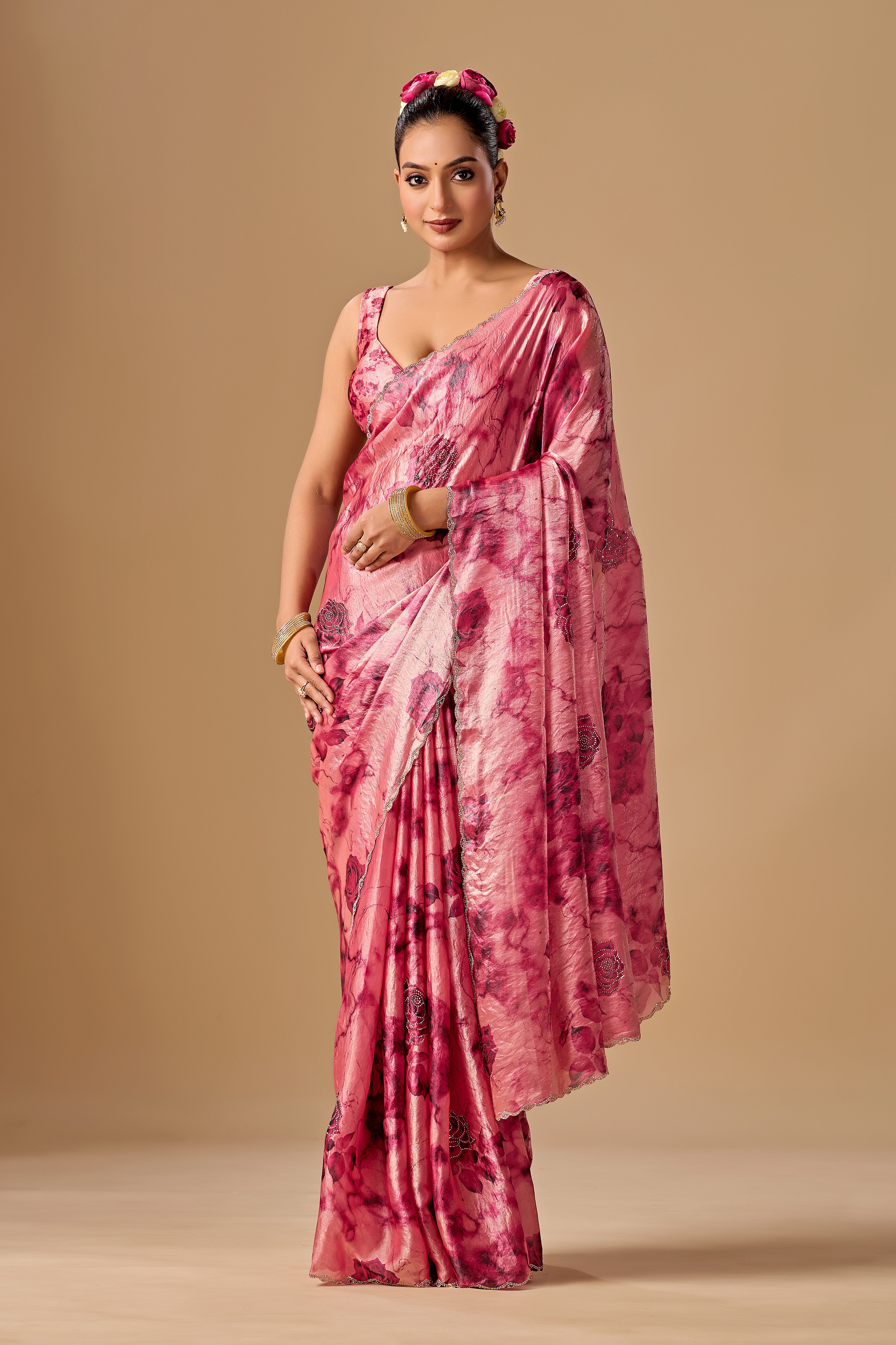 Rose Red Organza Silk Saree With Stone Work