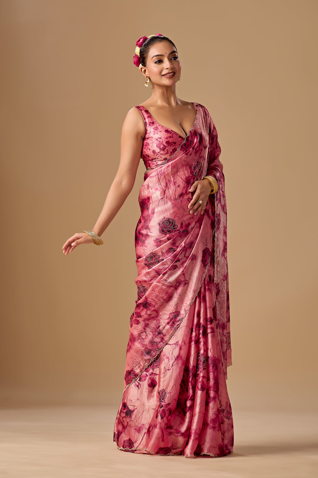 Rose Red Organza Silk Saree With Stone Work