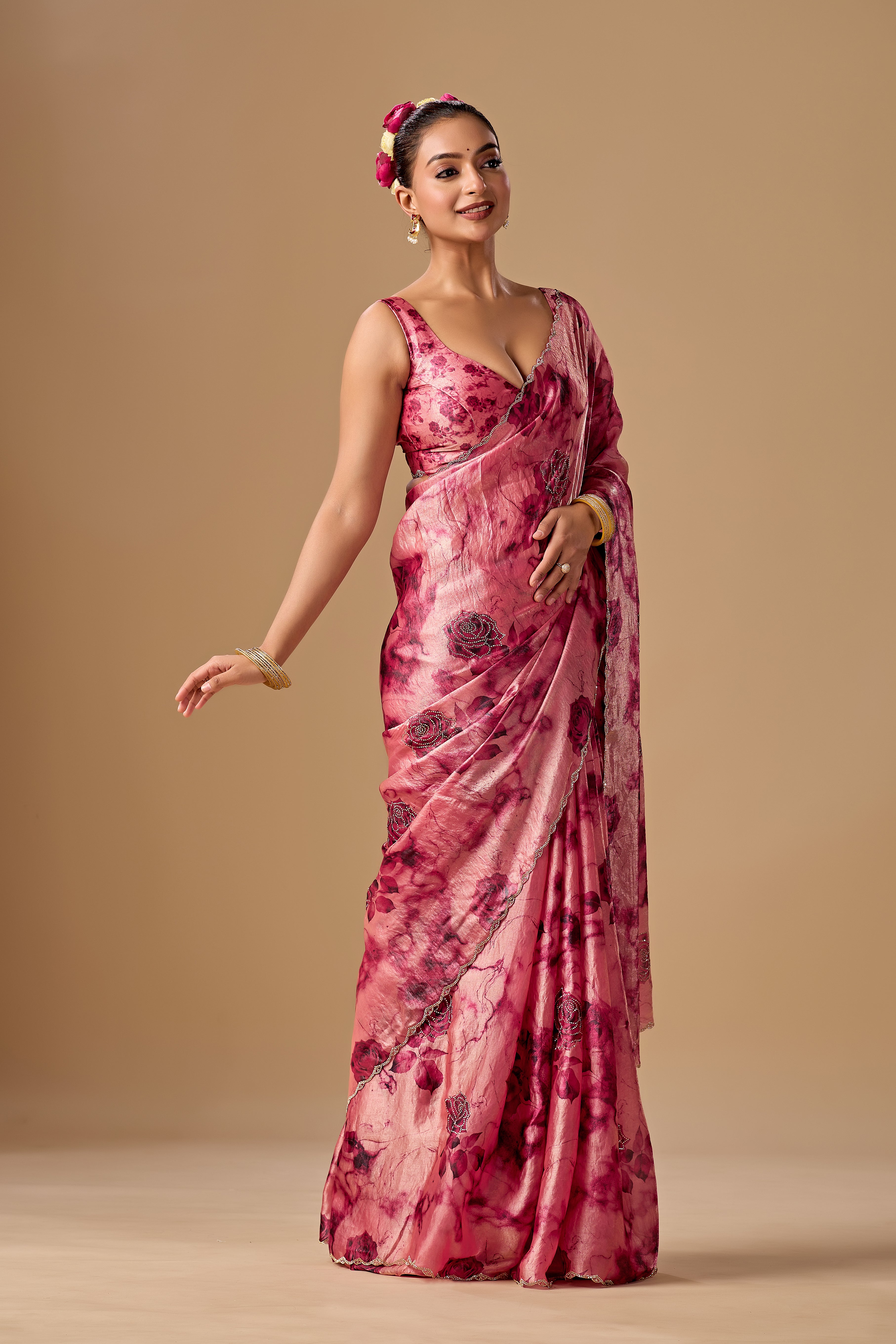 Rose Red Organza Silk Saree With Stone Work