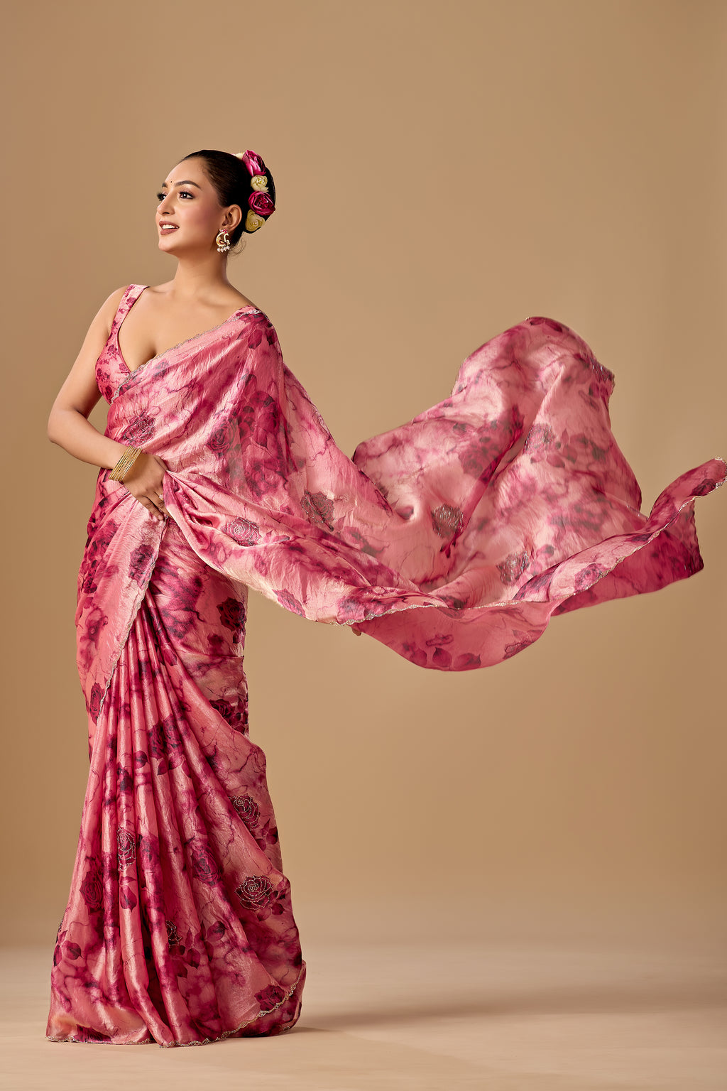 Rose Red Organza Silk Saree With Stone Work