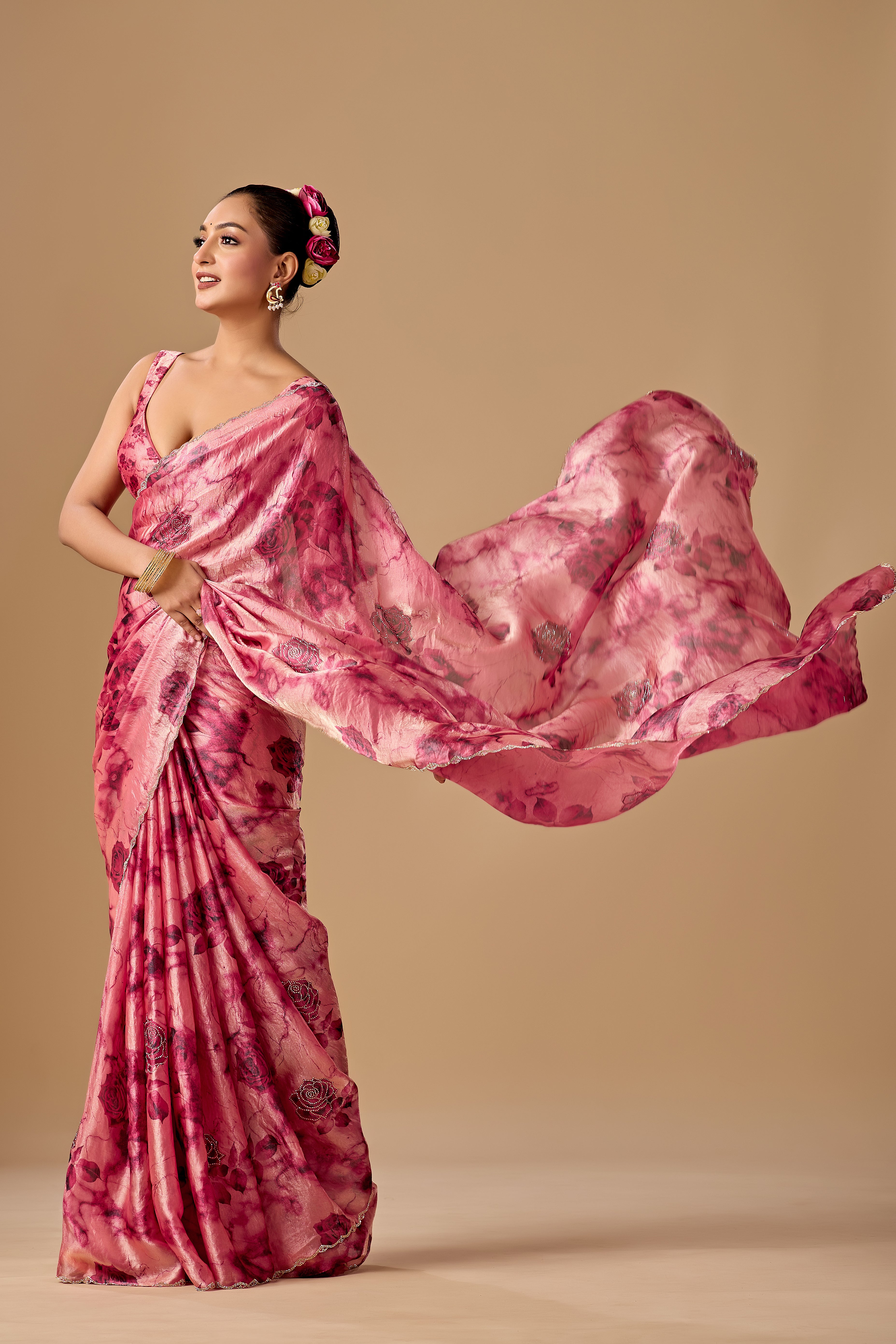 Rose Red Organza Silk Saree With Stone Work