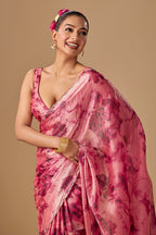 Rose Red Organza Silk Saree With Stone Work