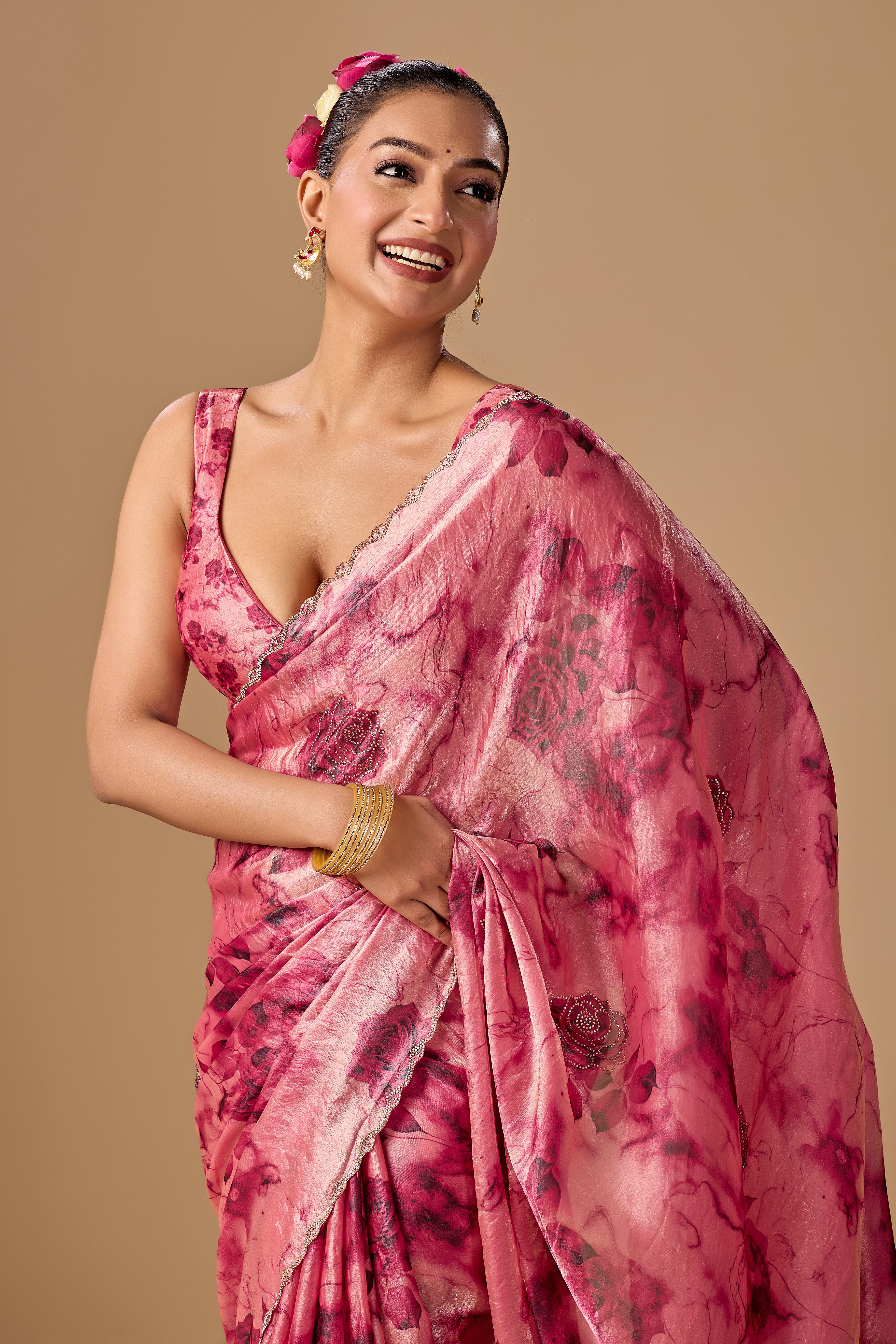 Rose Red Organza Silk Saree With Stone Work