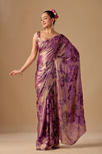 Lavender Organza Silk Saree With Stone Work