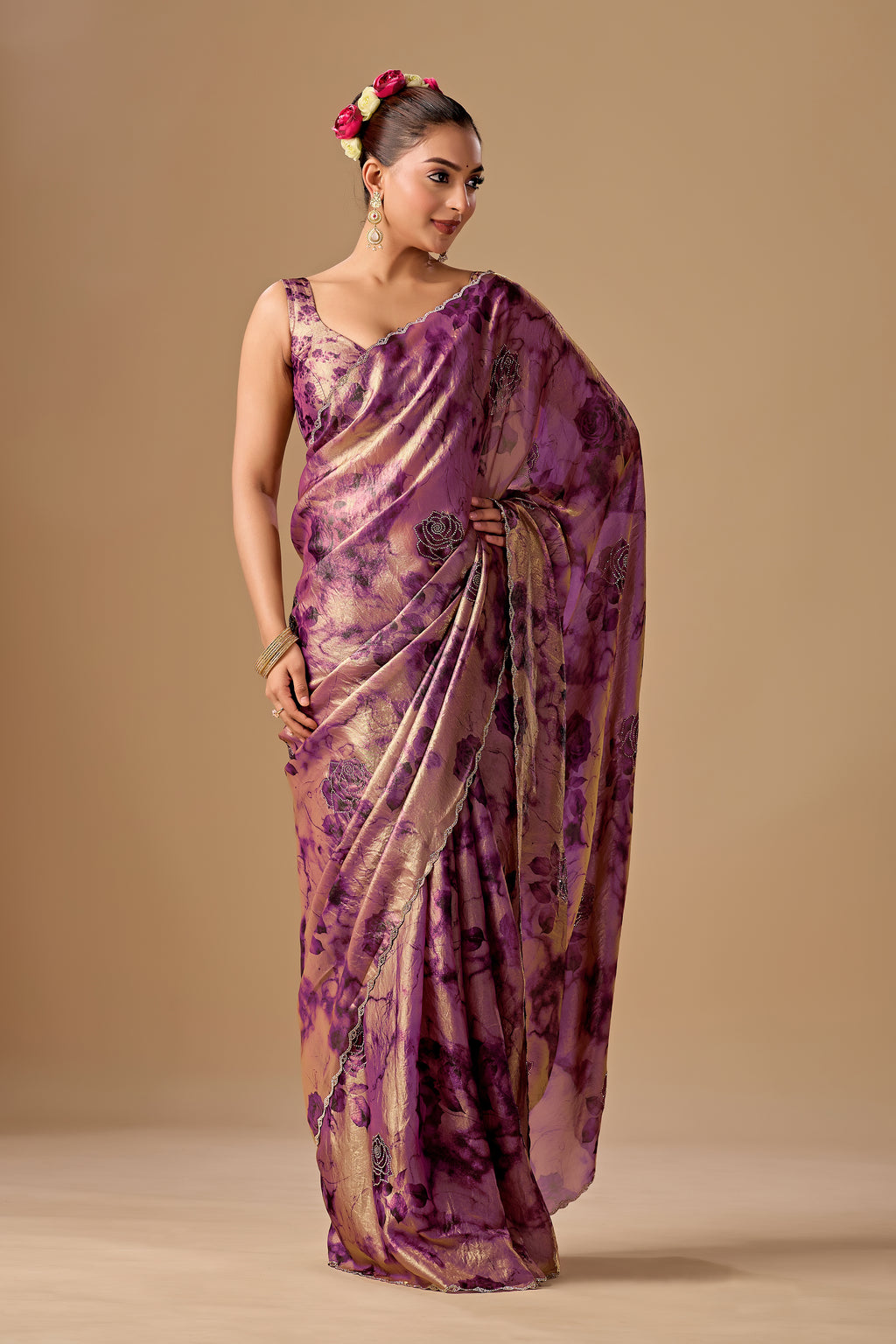 Lavender Organza Silk Saree With Stone Work