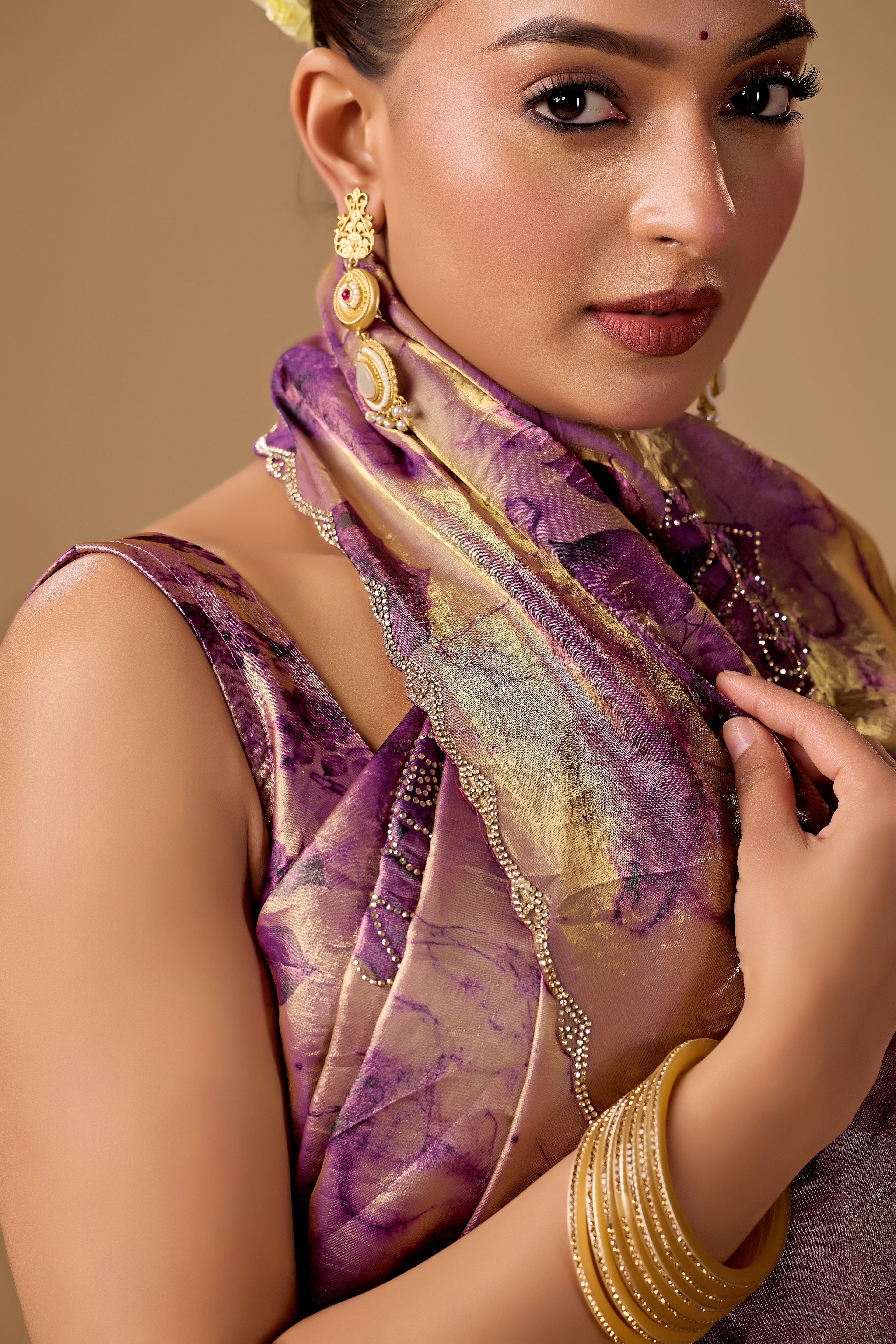 Lavender Organza Silk Saree With Stone Work