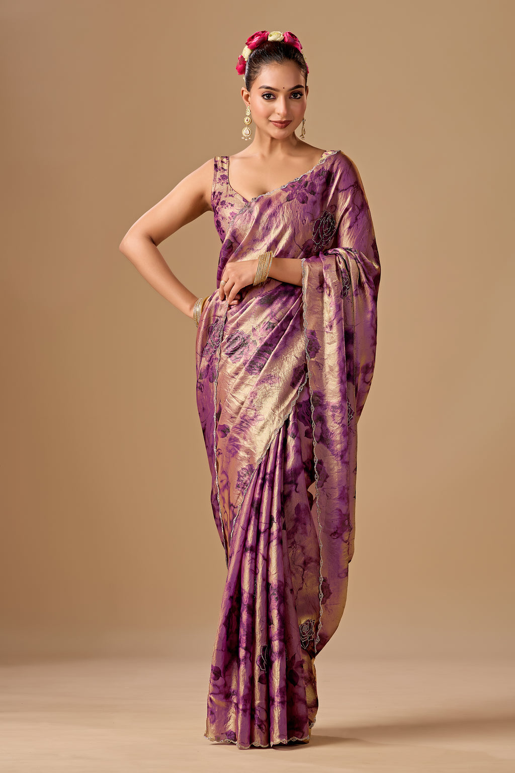 Lavender Organza Silk Saree With Stone Work