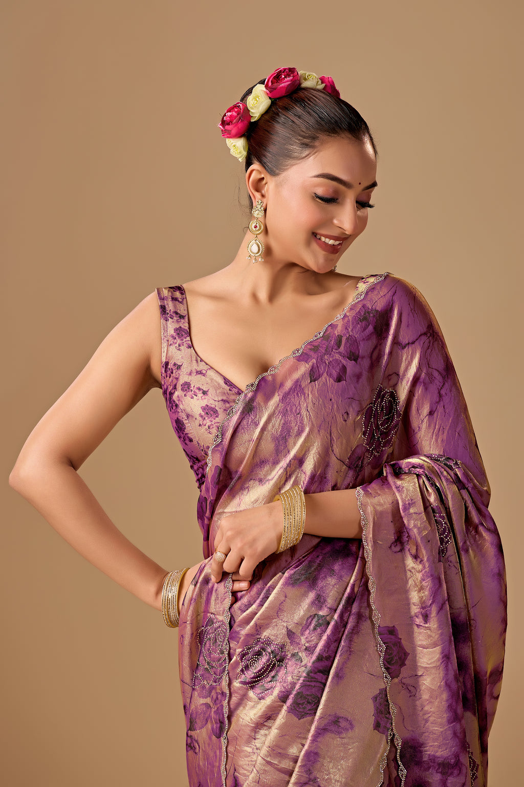 Lavender Organza Silk Saree With Stone Work