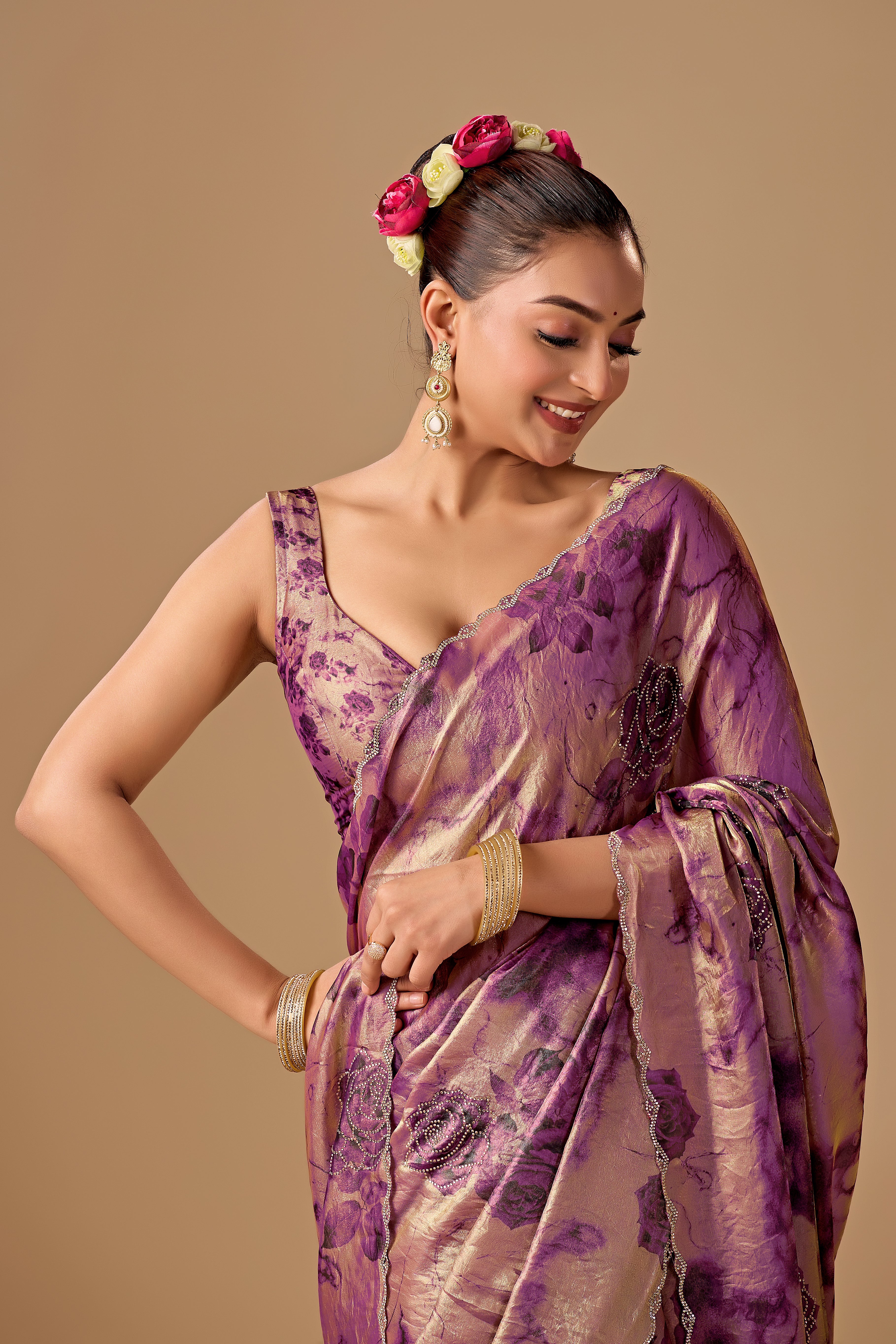 Lavender Organza Silk Saree With Stone Work