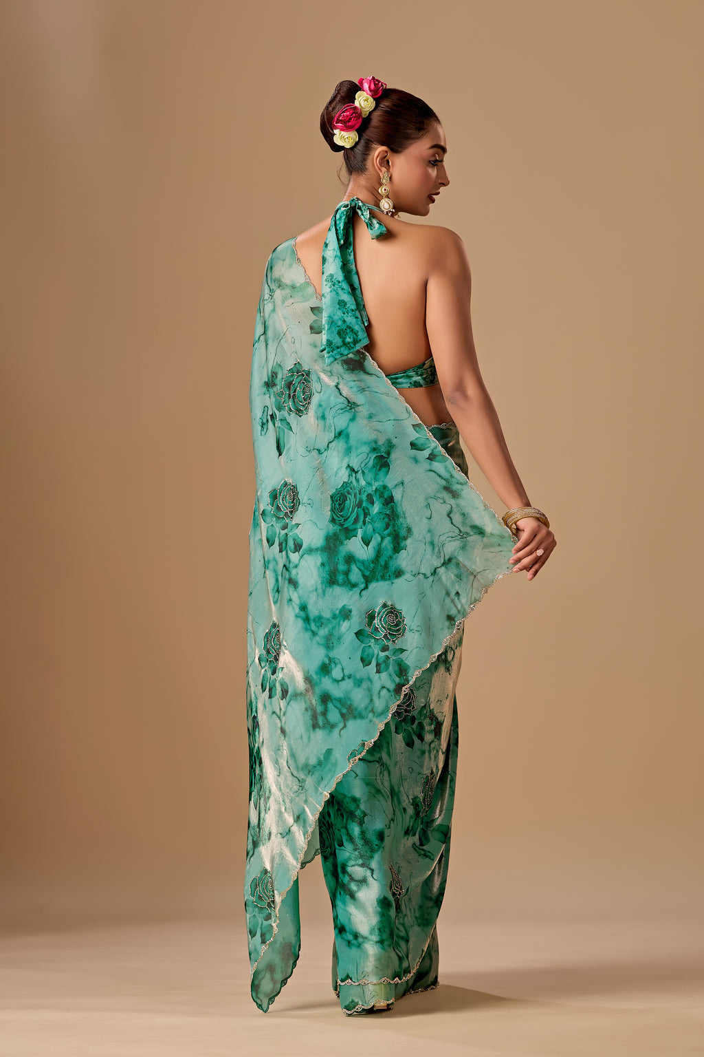 Sea Green Organza Silk Saree With Stone Work