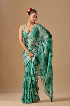 Sea Green Organza Silk Saree With Stone Work