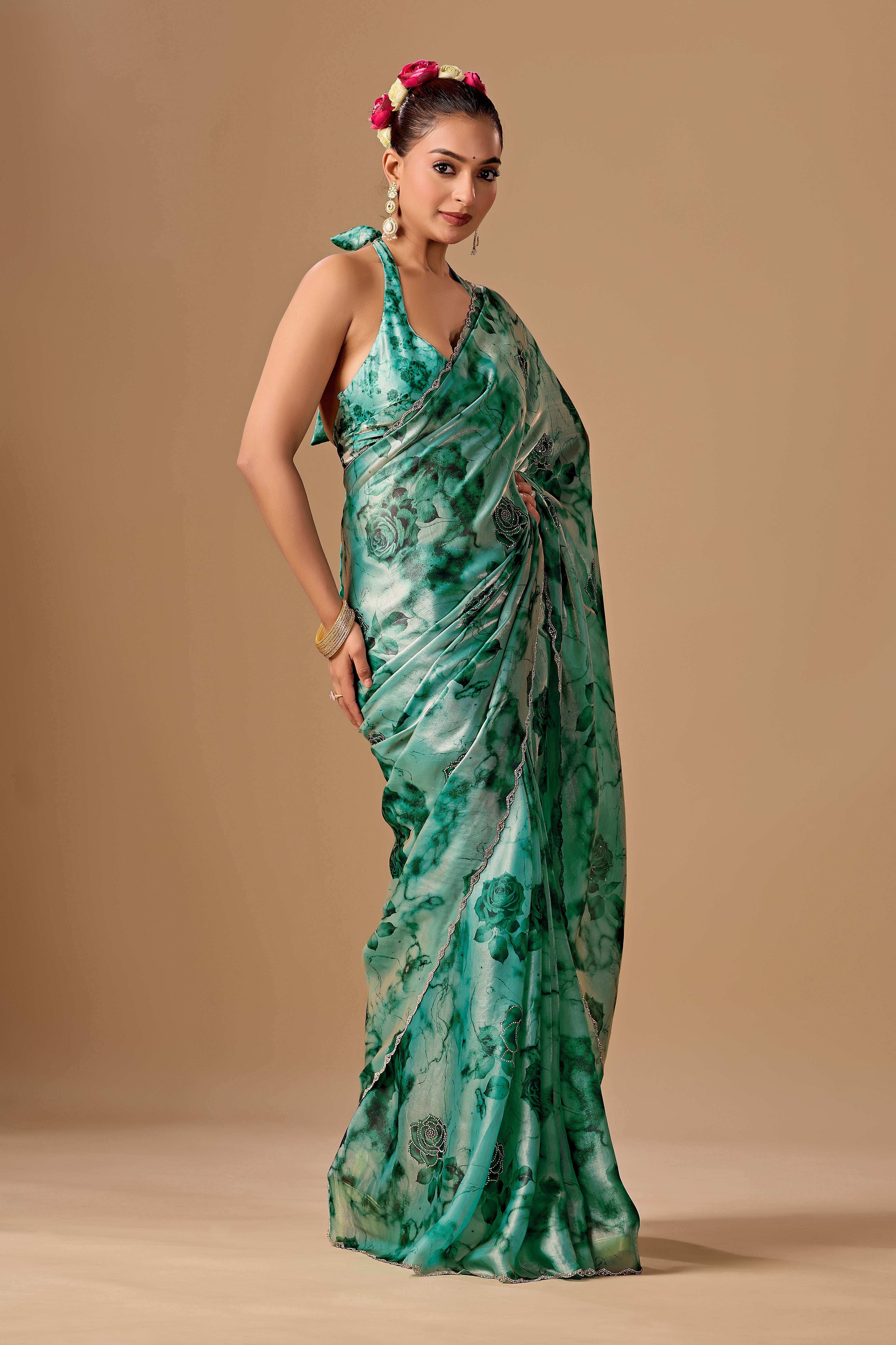 Sea Green Organza Silk Saree With Stone Work