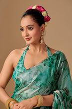 Sea Green Organza Silk Saree With Stone Work