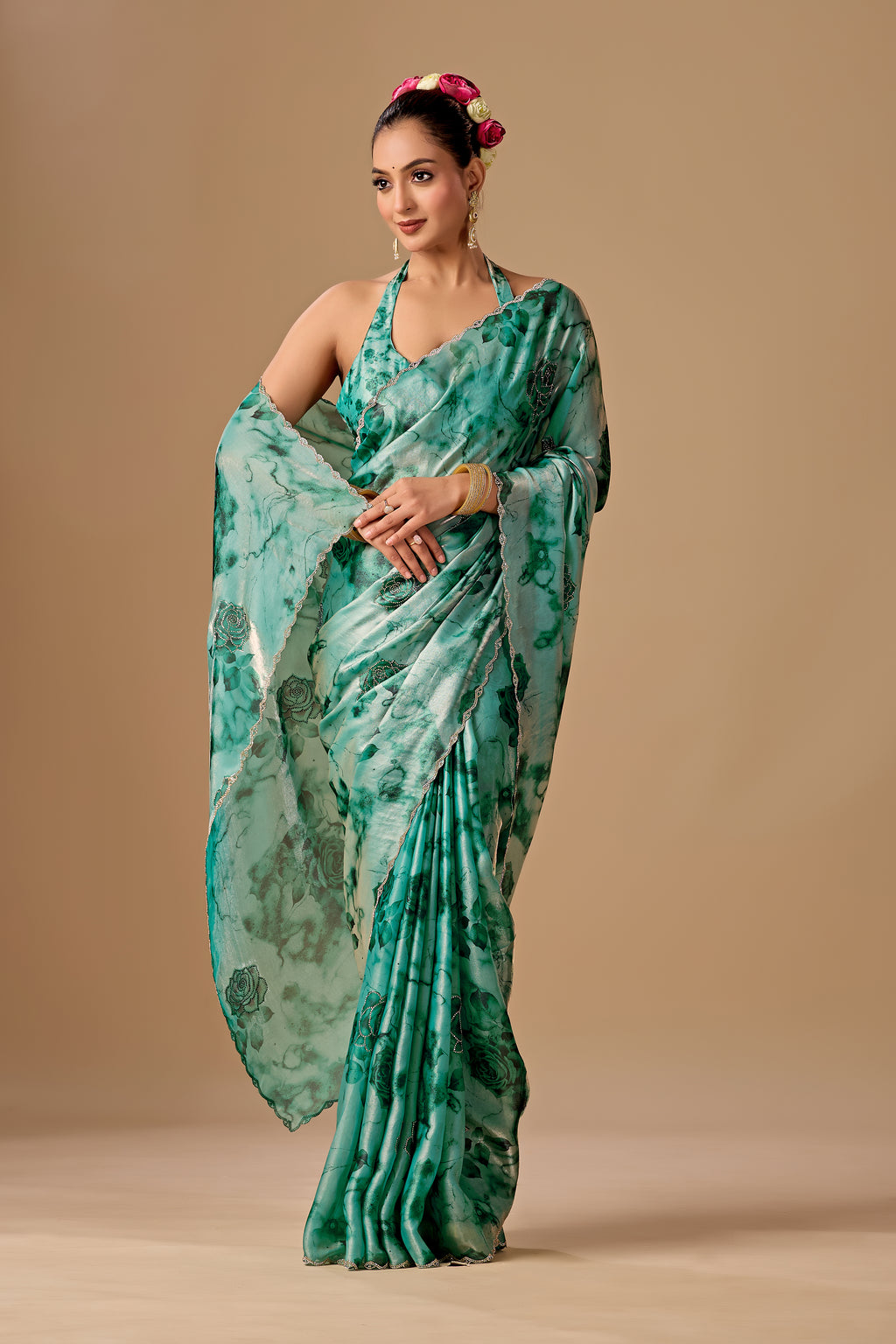 Sea Green Organza Silk Saree With Stone Work