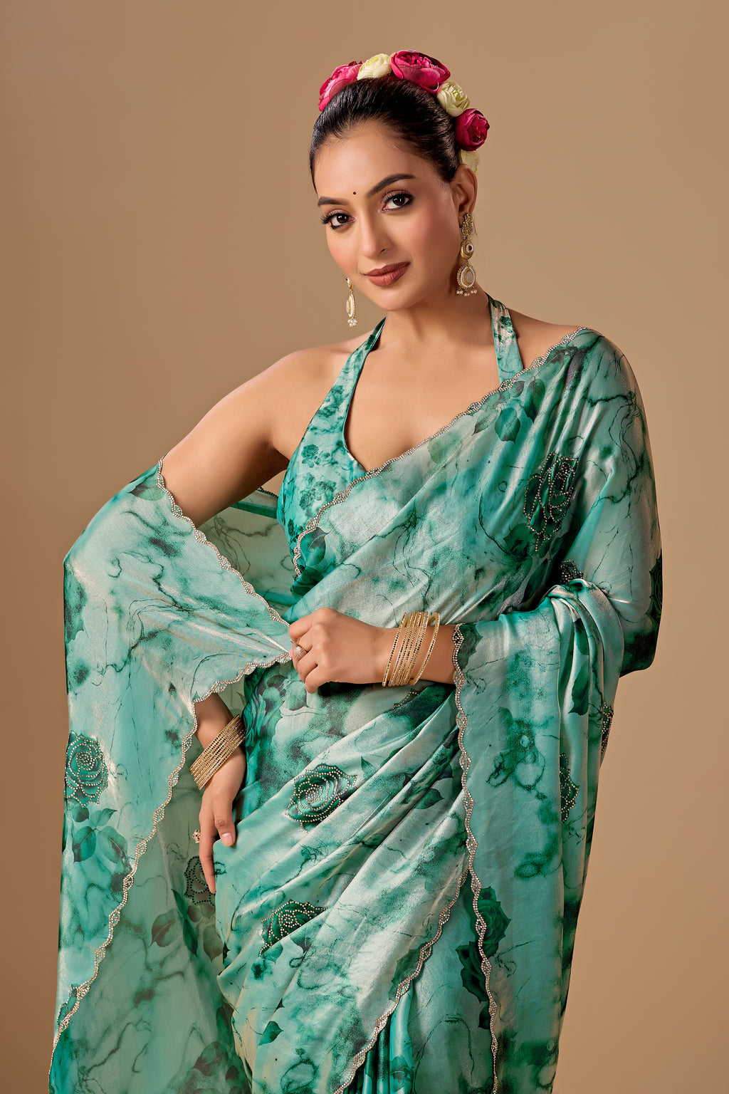 Sea Green Organza Silk Saree With Stone Work