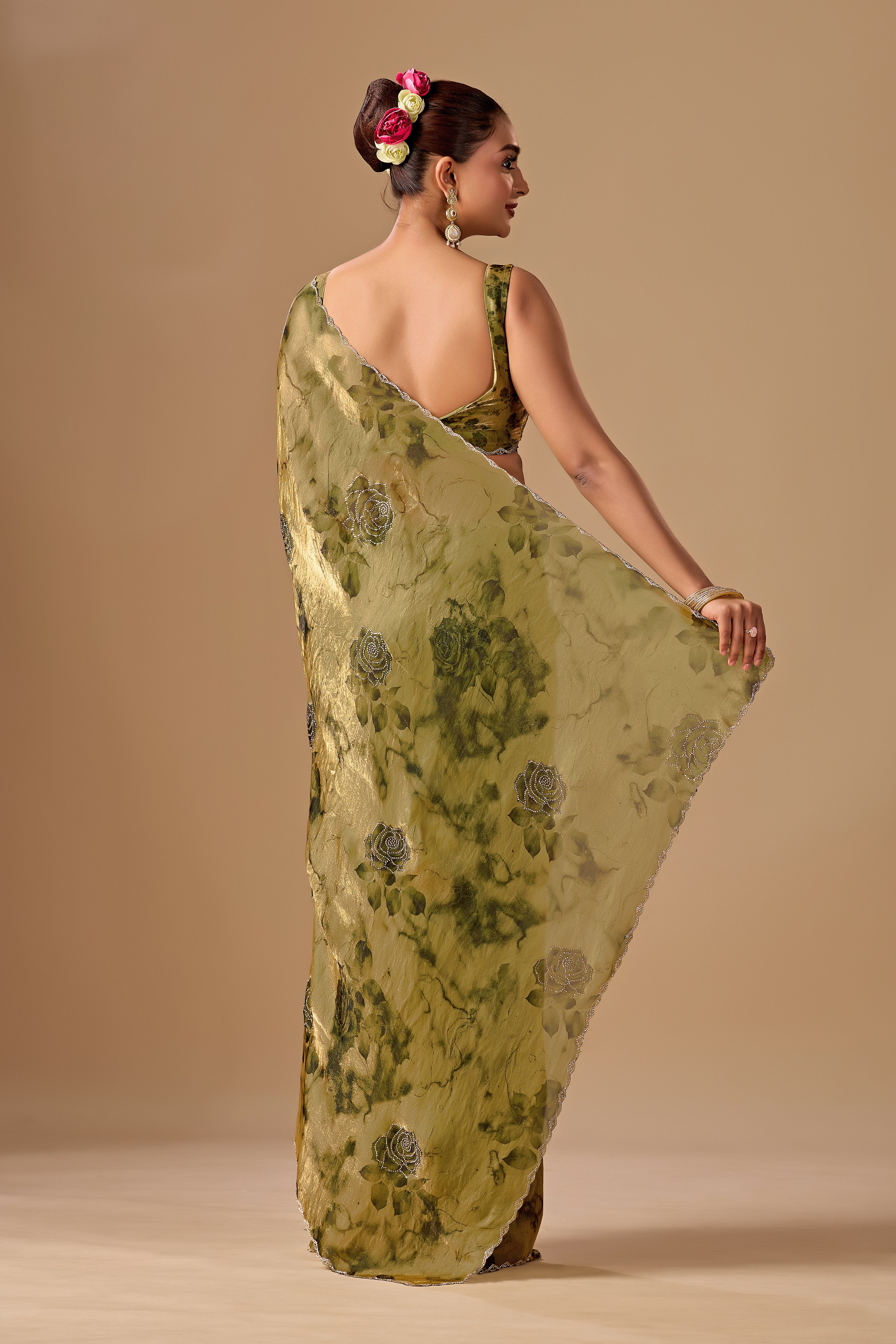 Olive Green Organza Silk Saree With Stone Work