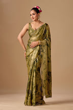 Olive Green Organza Silk Saree With Stone Work