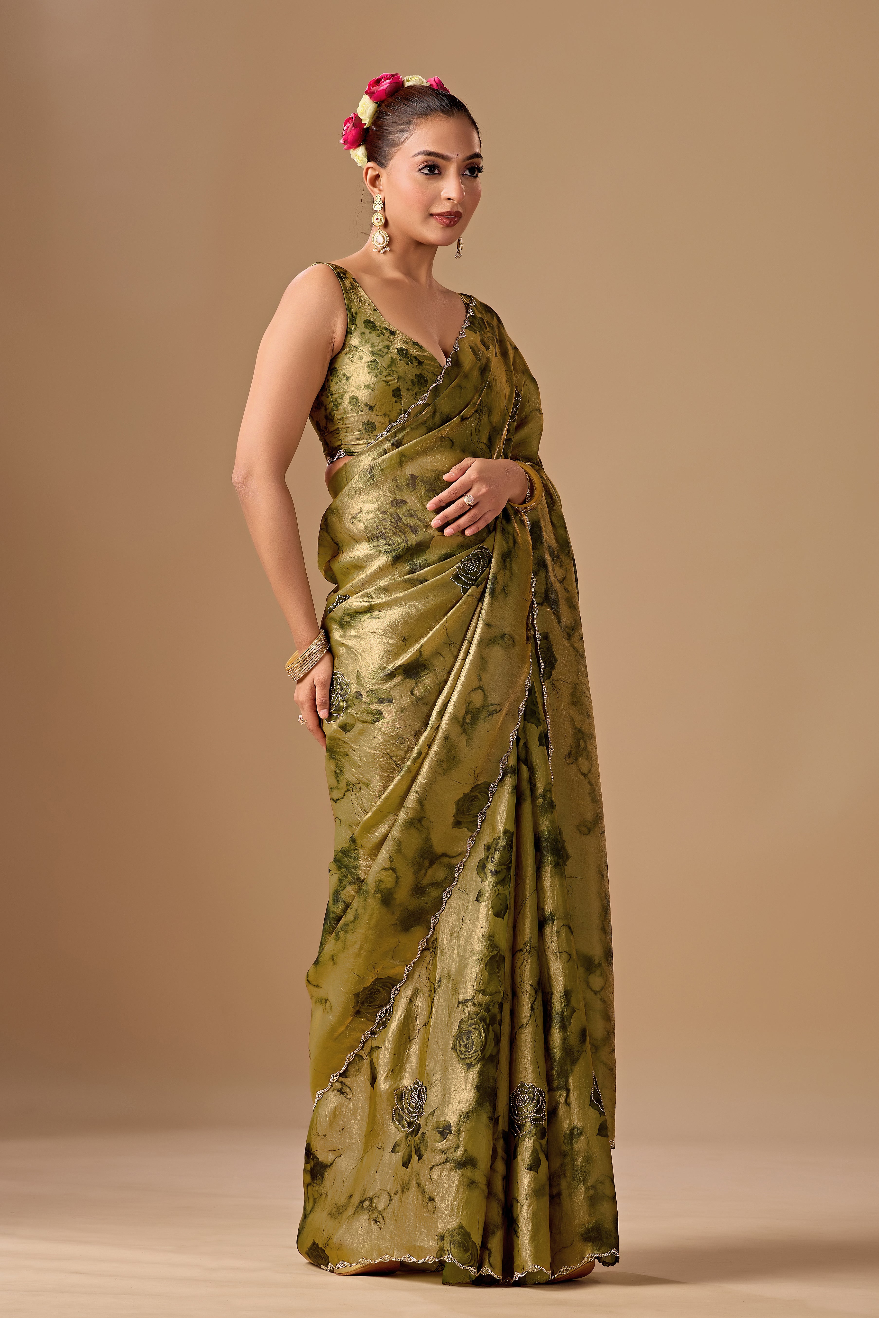 Olive Green Organza Silk Saree With Stone Work