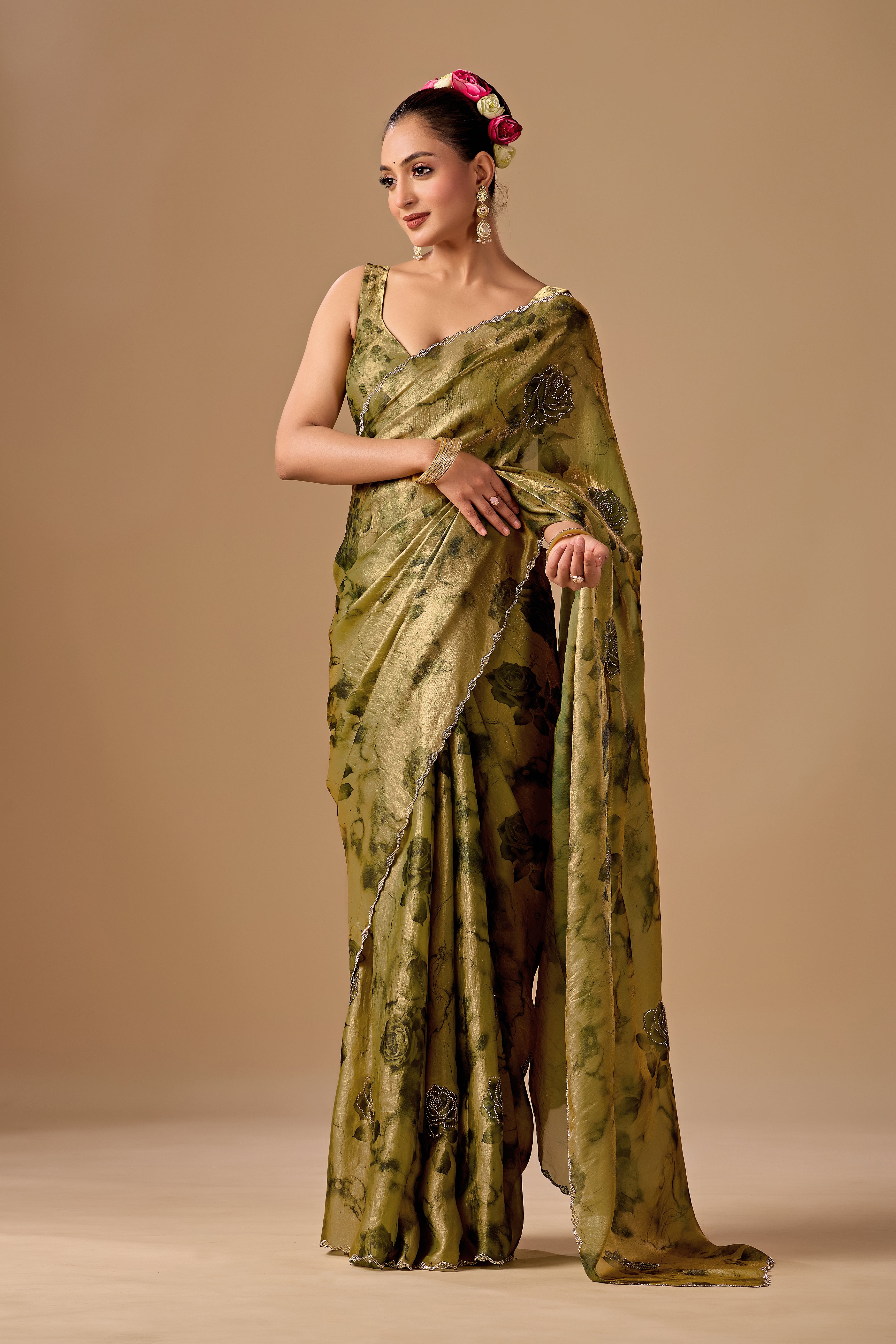 Olive Green Organza Silk Saree With Stone Work