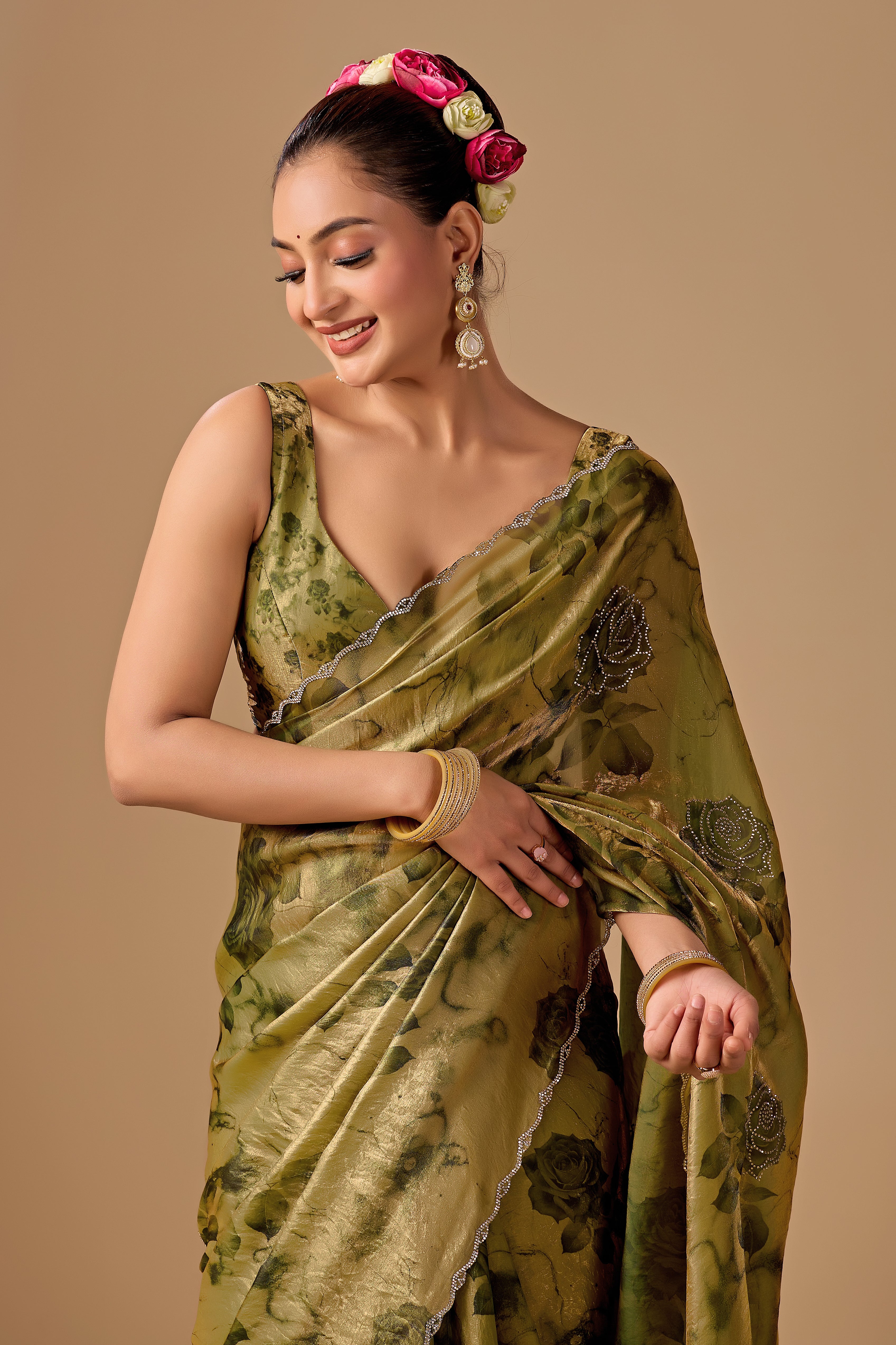 Olive Green Organza Silk Saree With Stone Work