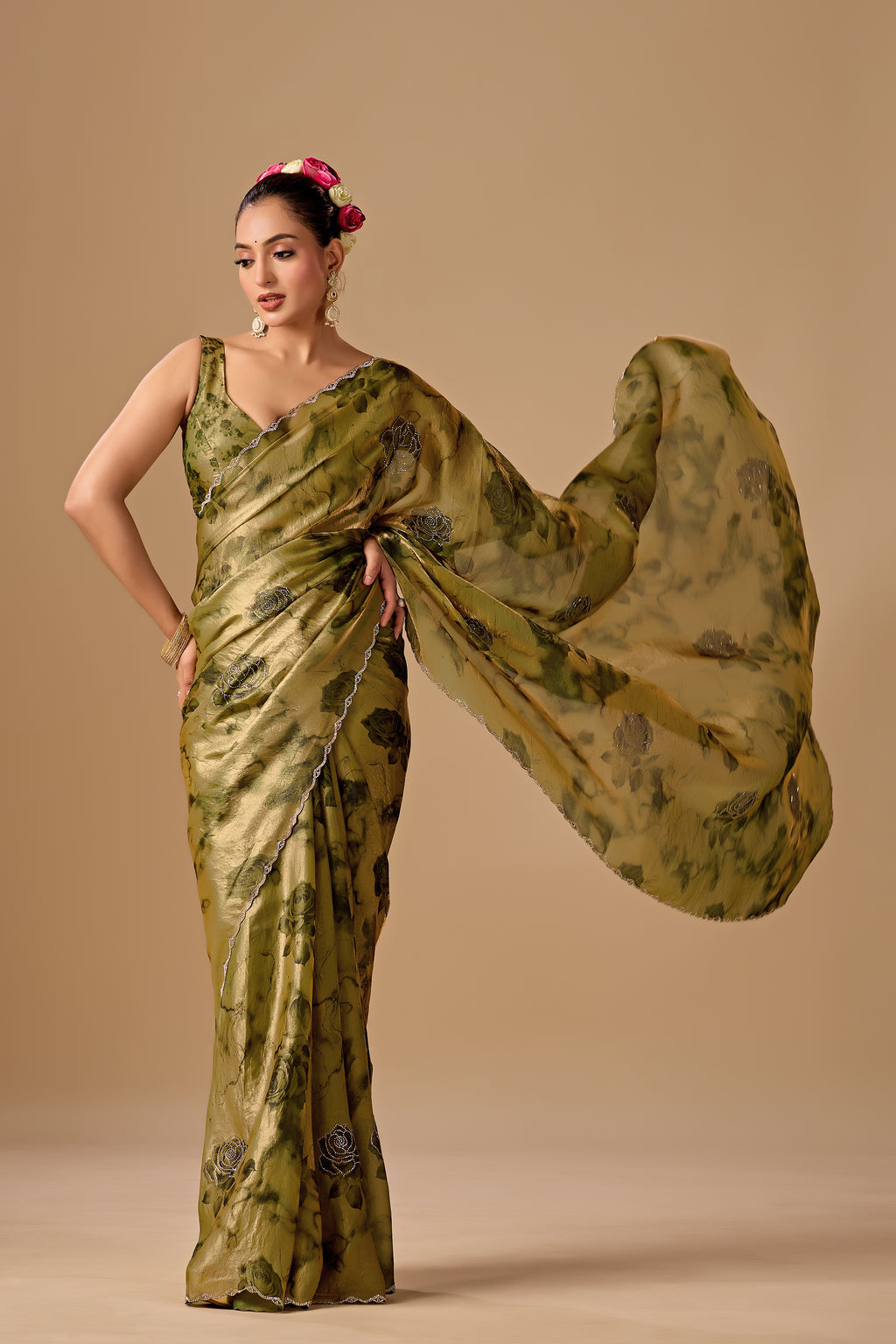 Olive Green Organza Silk Saree With Stone Work