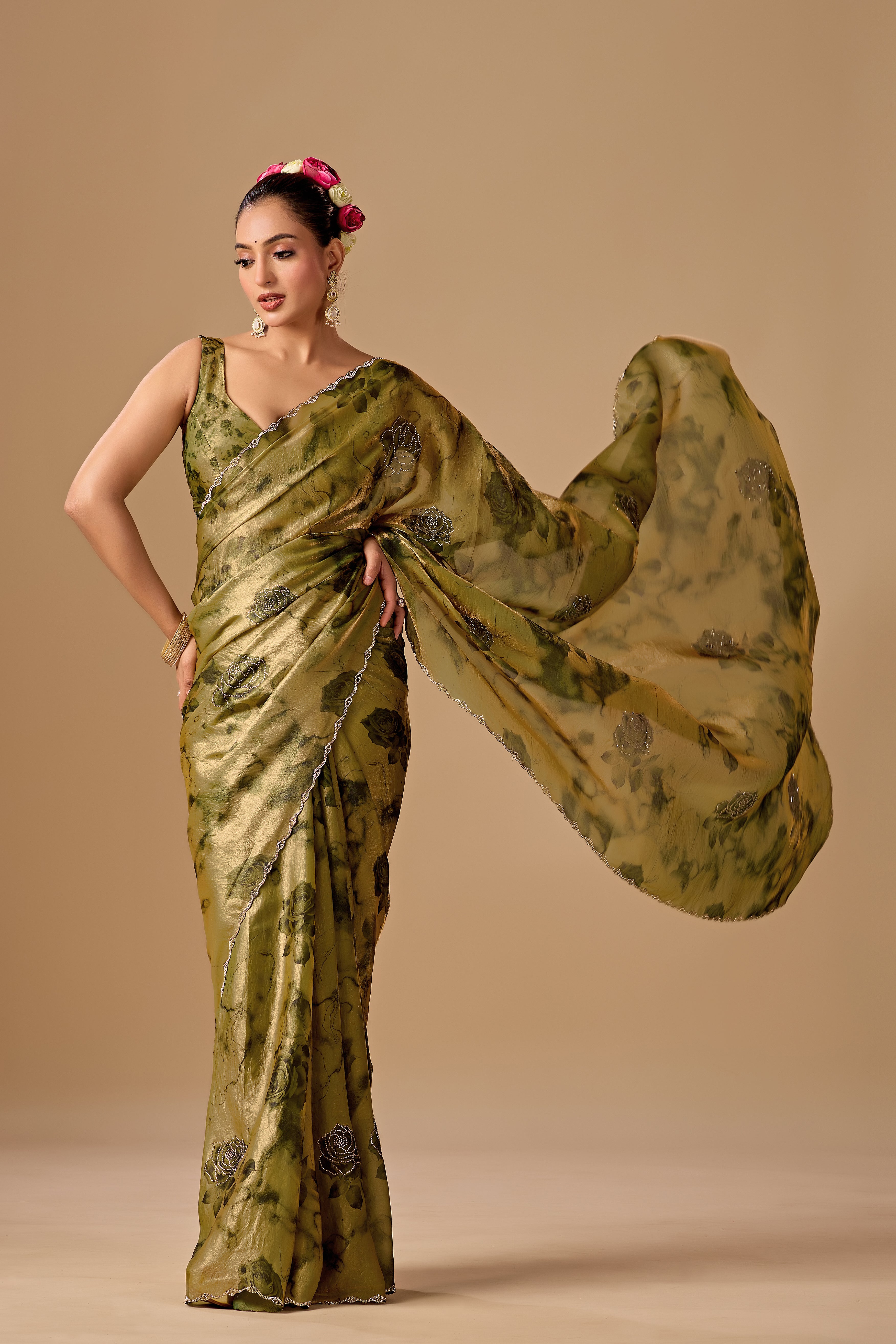 Olive Green Organza Silk Saree With Stone Work