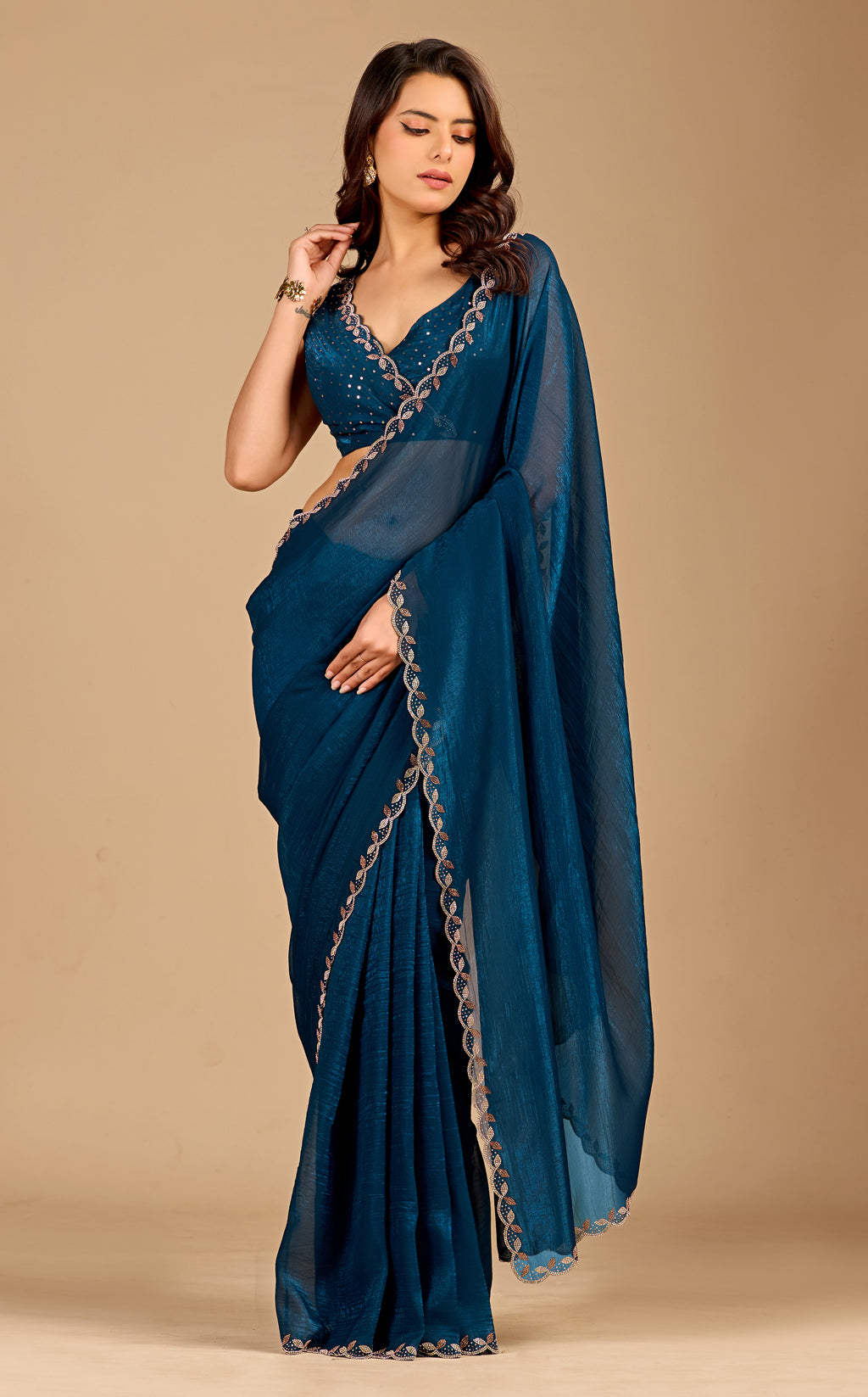 Green Floral Blossom Ready To Wear Foil Saree
