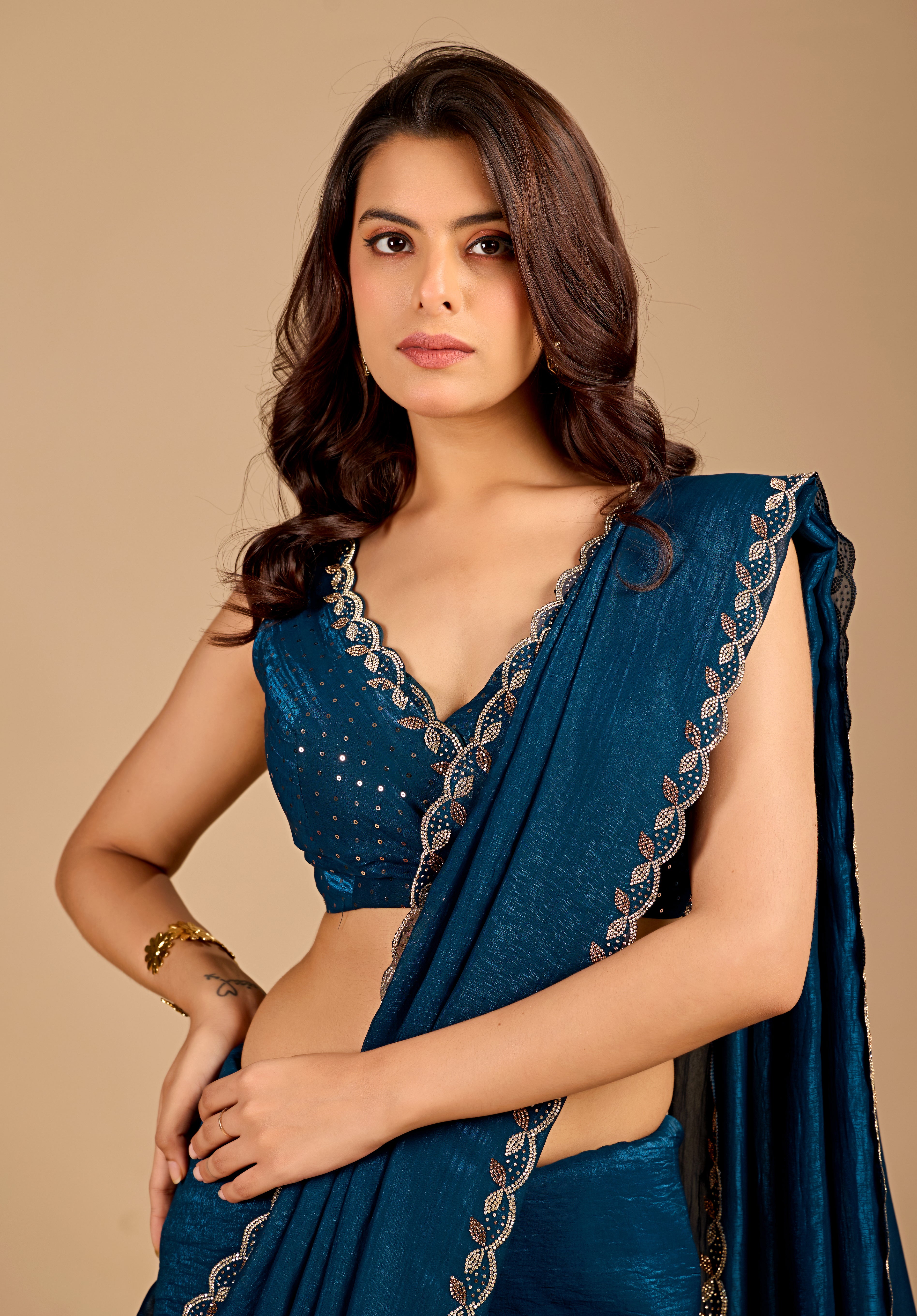 Green Floral Blossom Ready To Wear Foil Saree