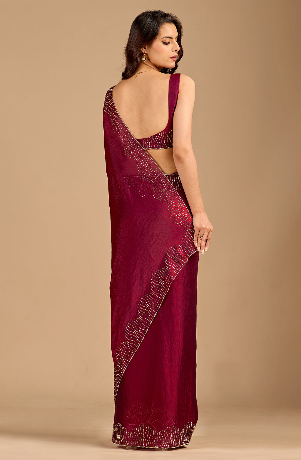 Wine Tissue Silk Saree With Stone Work