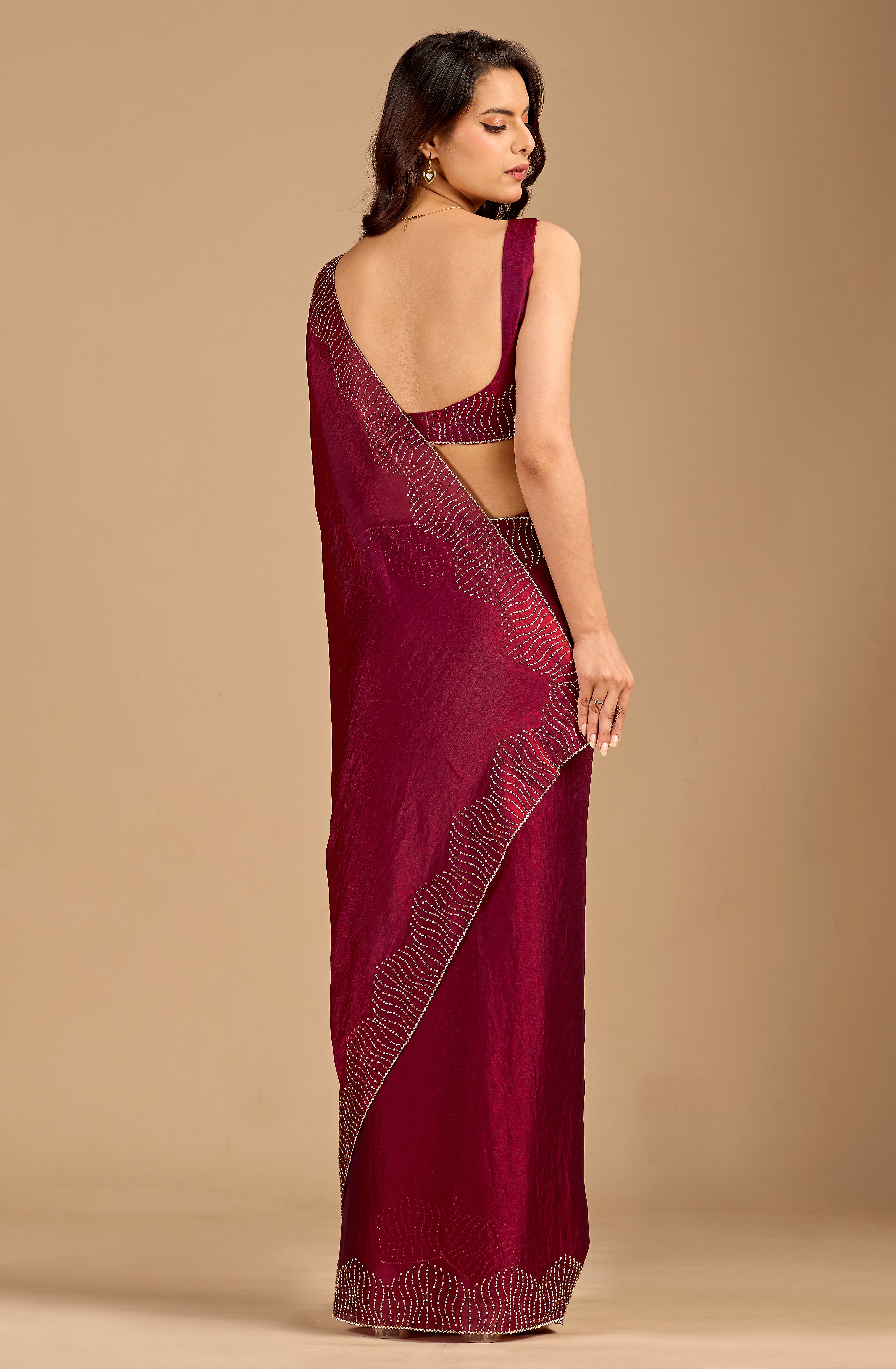 Wine Tissue Silk Saree With Stone Work
