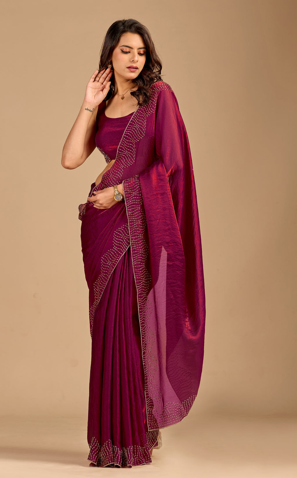 Wine Tissue Silk Saree With Stone Work