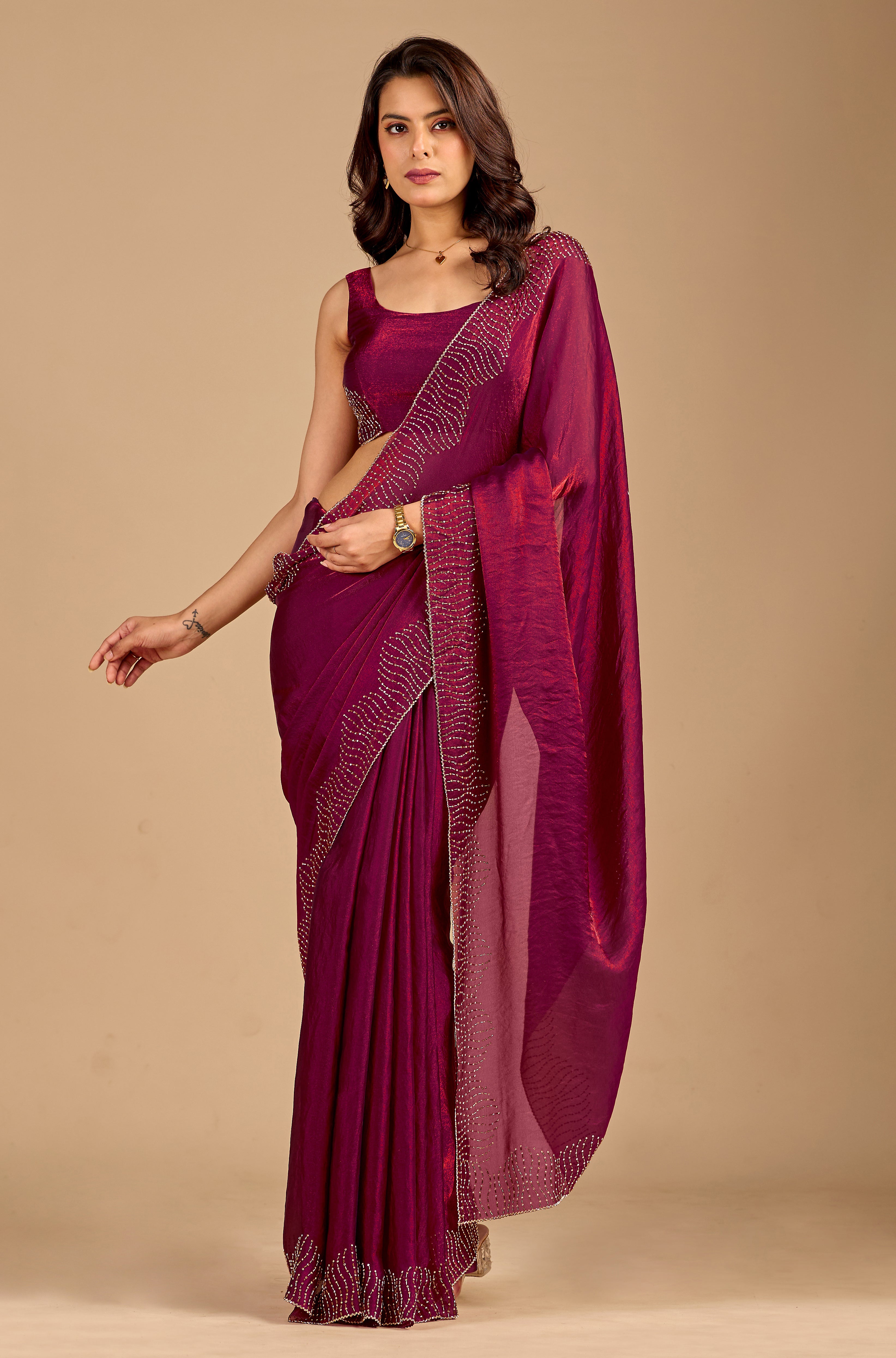 Wine Tissue Silk Saree With Stone Work