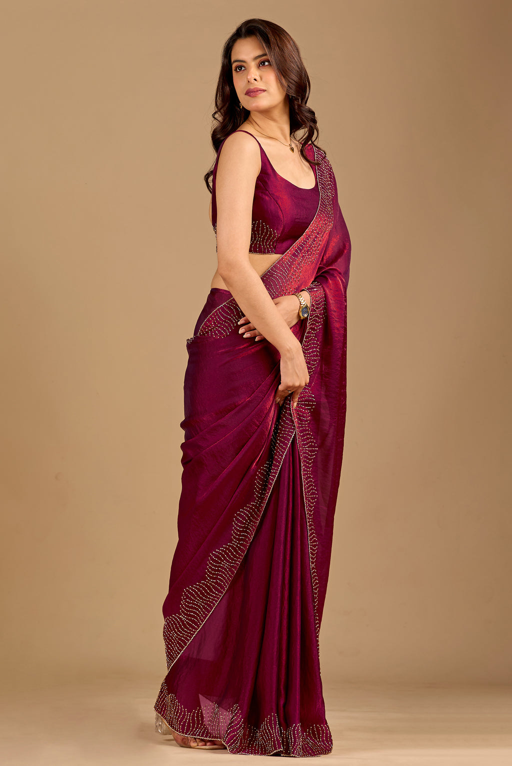 Wine Tissue Silk Saree With Stone Work