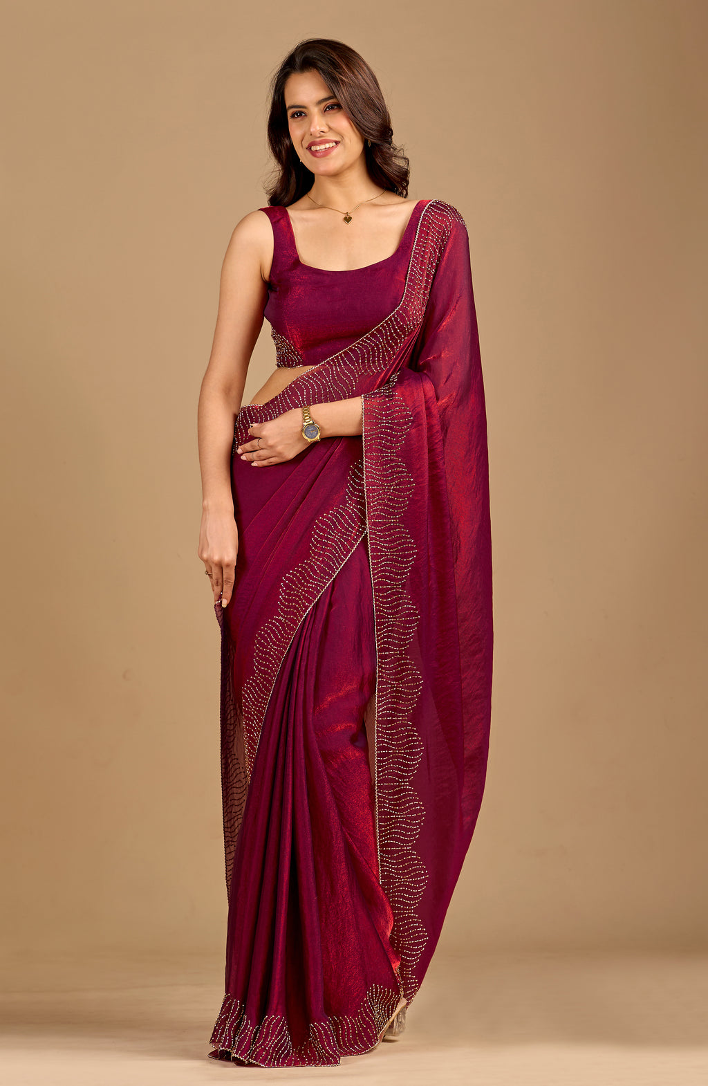 Wine Tissue Silk Saree With Stone Work