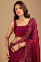 Wine Tissue Silk Saree With Stone Work
