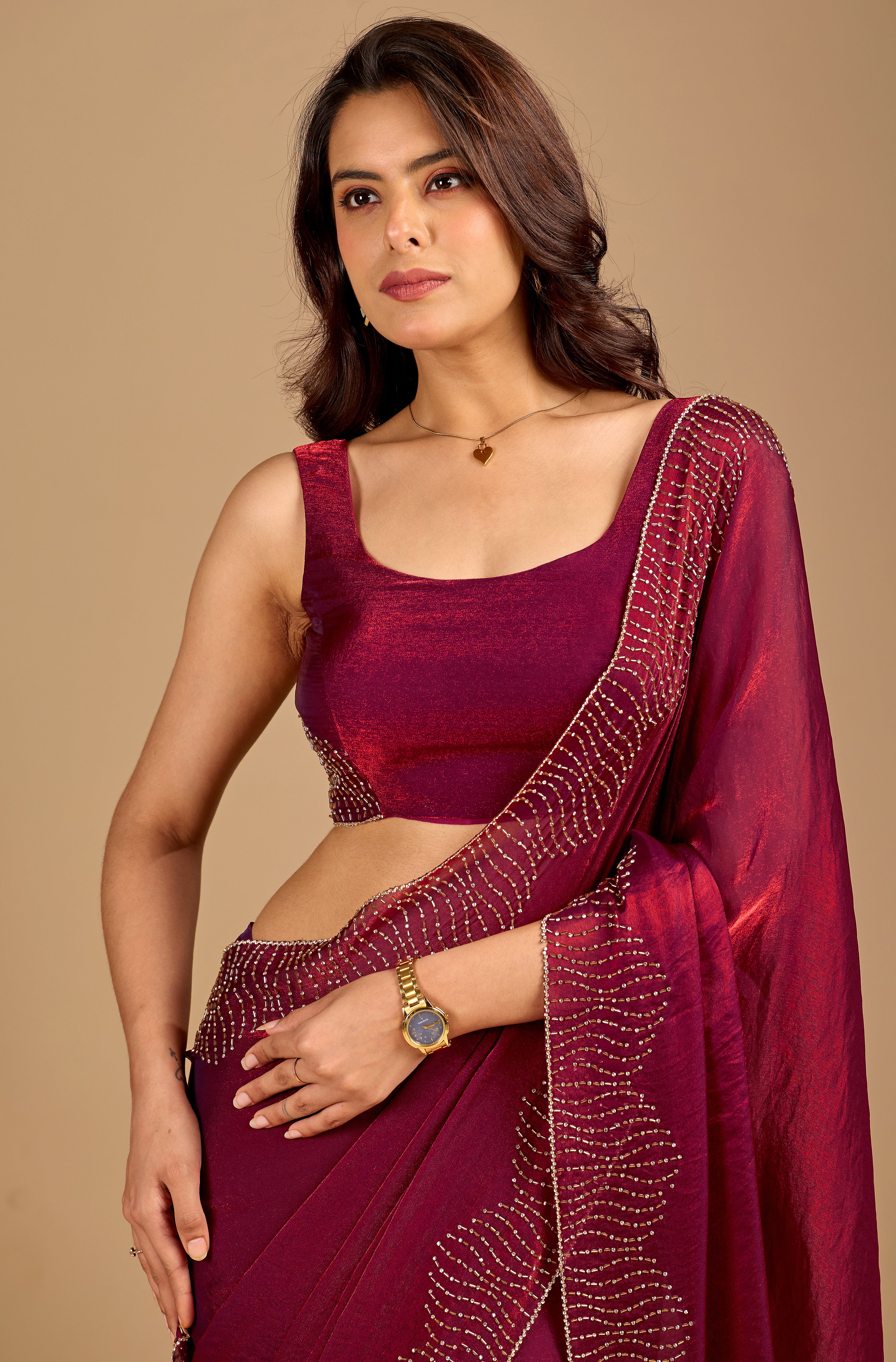 Wine Tissue Silk Saree With Stone Work