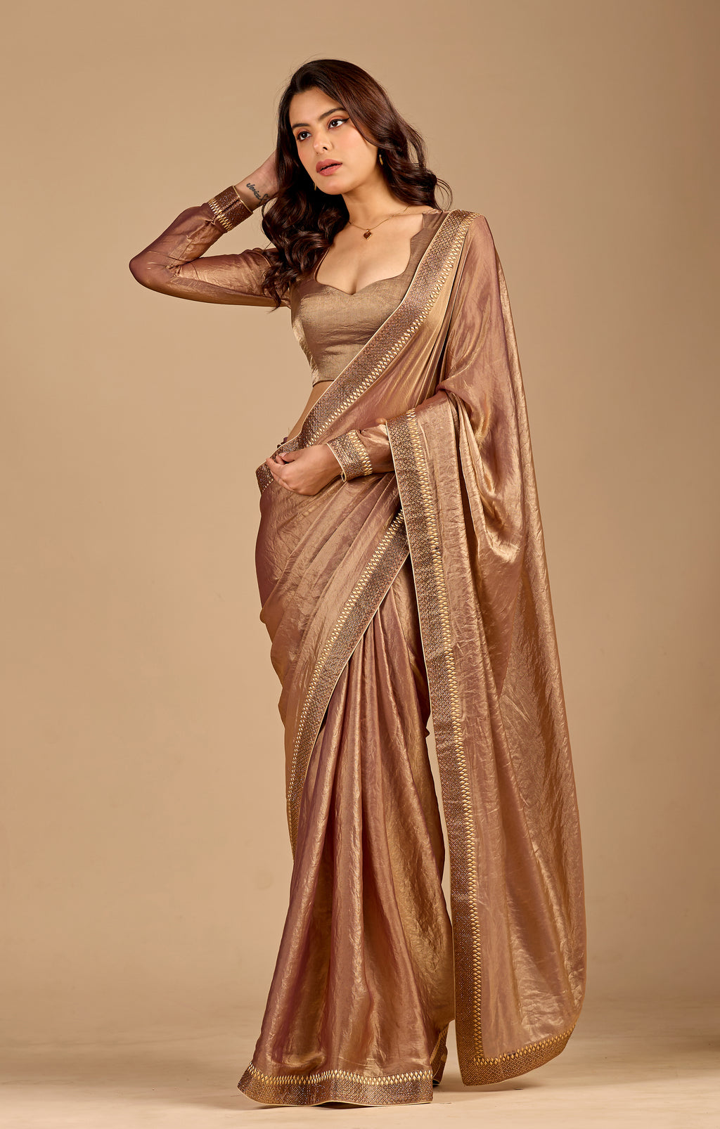 rose gold Silk Foil Printed Saree