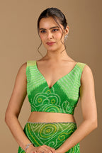 Parrot Green Chiffon Saree With Bandhani Print