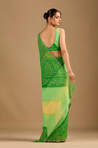 Parrot Green Chiffon Saree With Bandhani Print