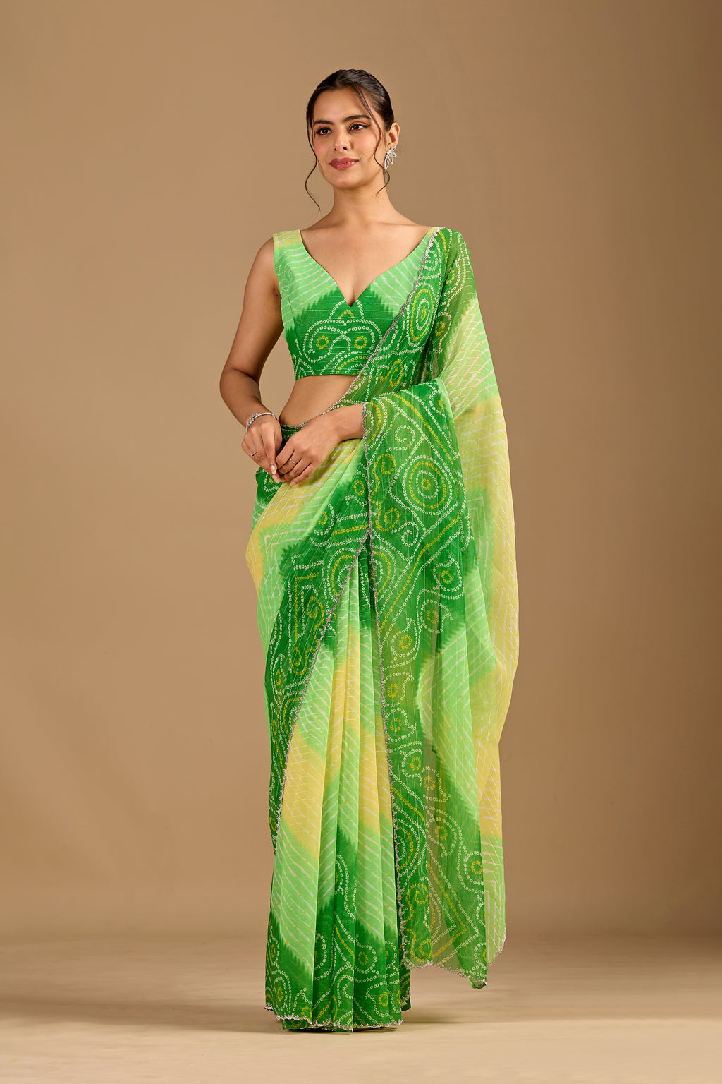 Parrot Green Chiffon Saree With Bandhani Print