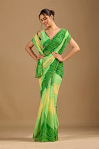 Parrot Green Chiffon Saree With Bandhani Print