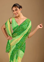 Parrot Green Chiffon Saree With Bandhani Print