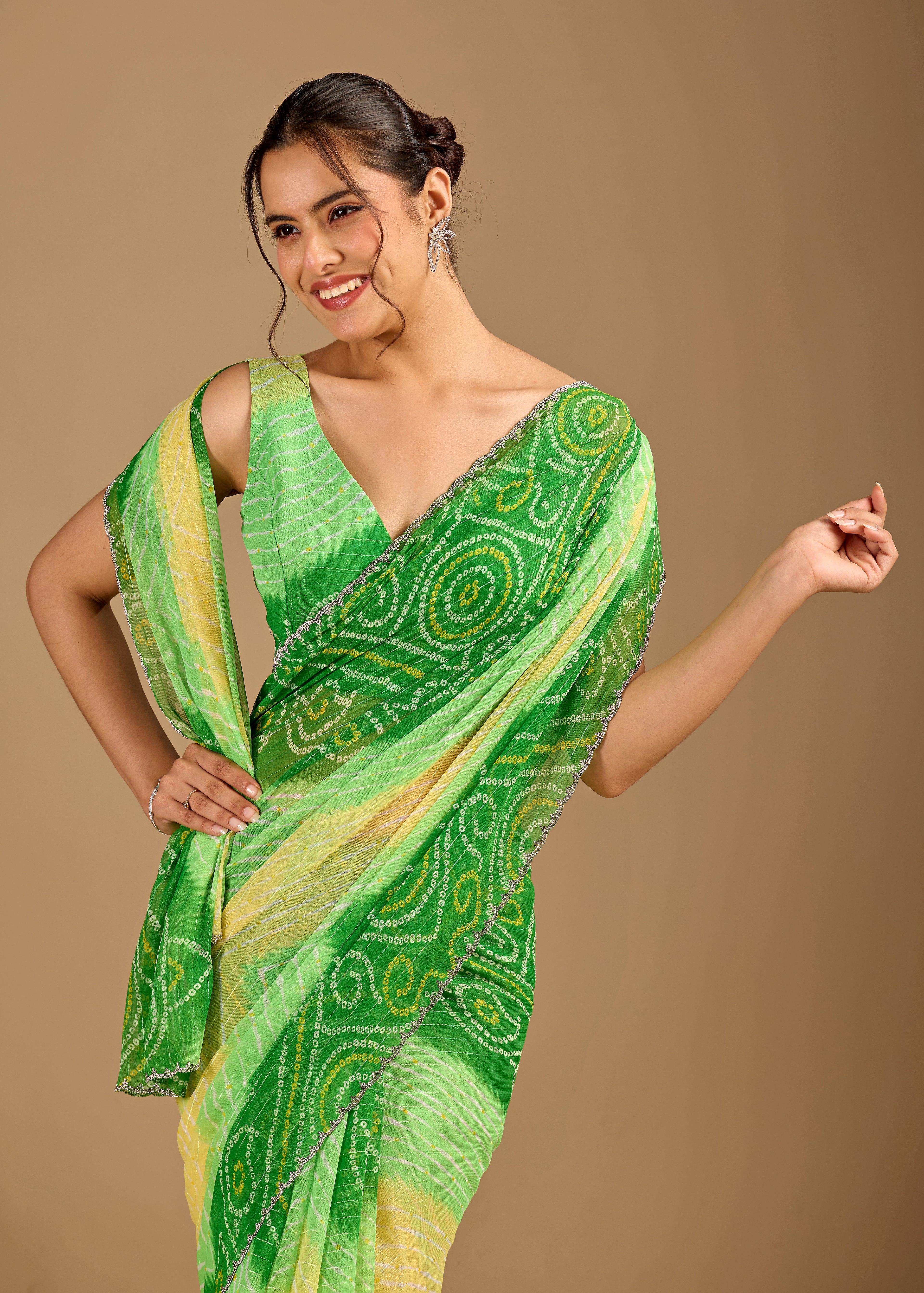 Parrot Green Chiffon Saree With Bandhani Print
