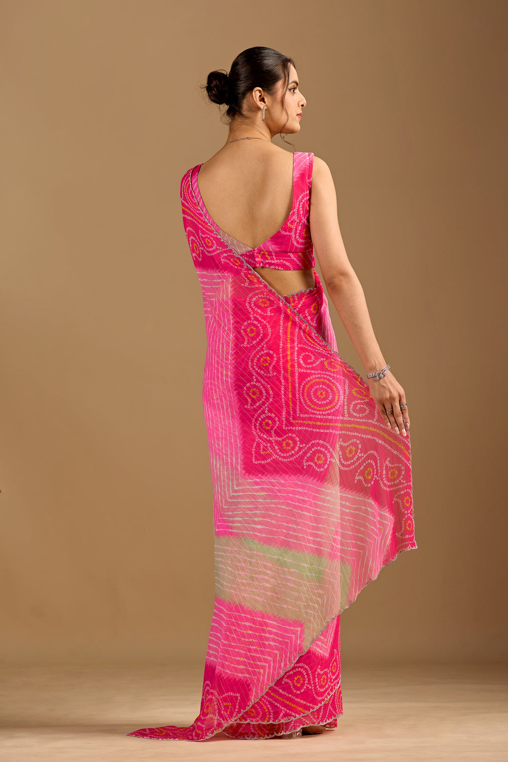 Red Chiffon Saree With Bandhani Print