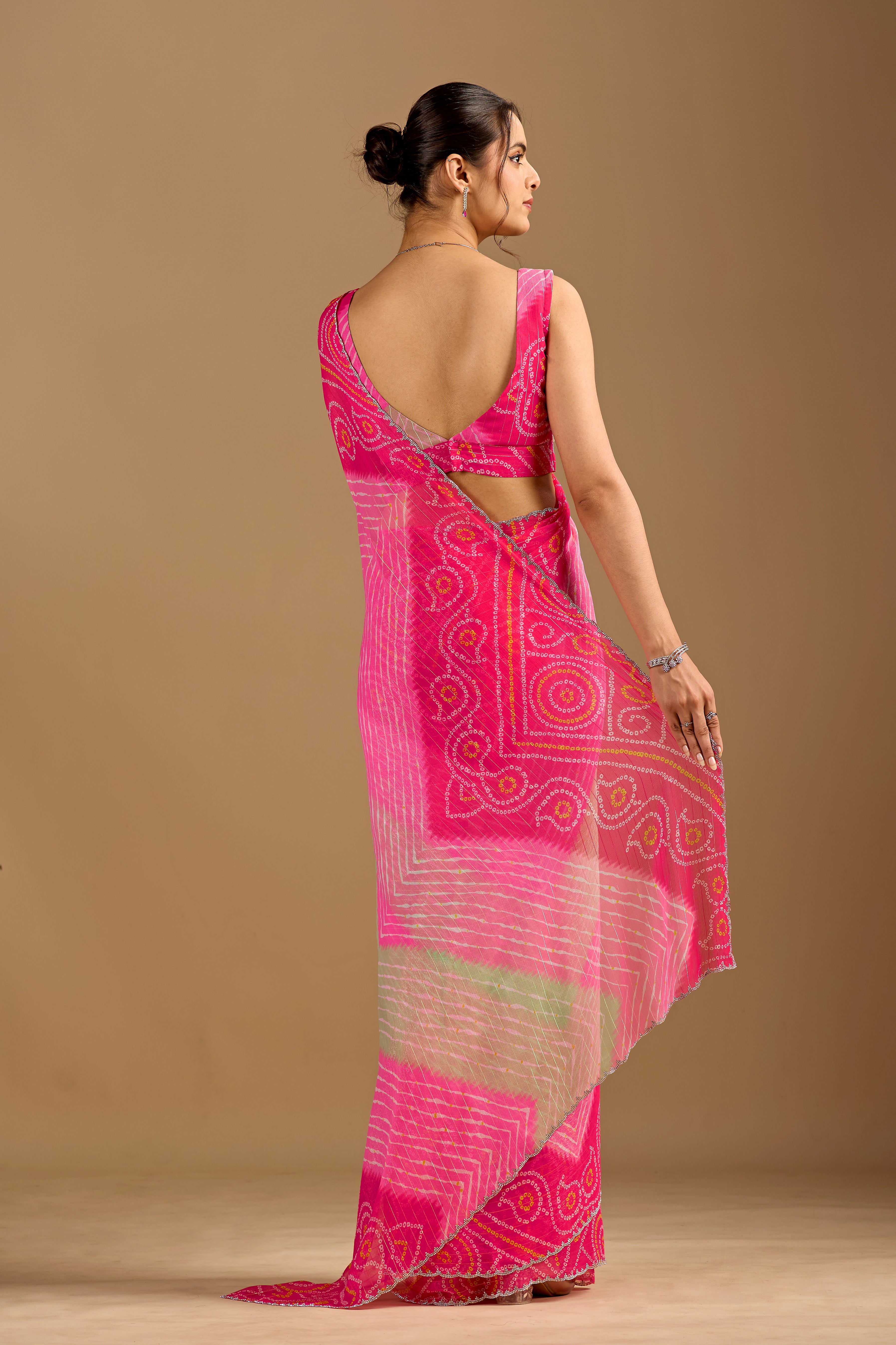 Red Chiffon Saree With Bandhani Print