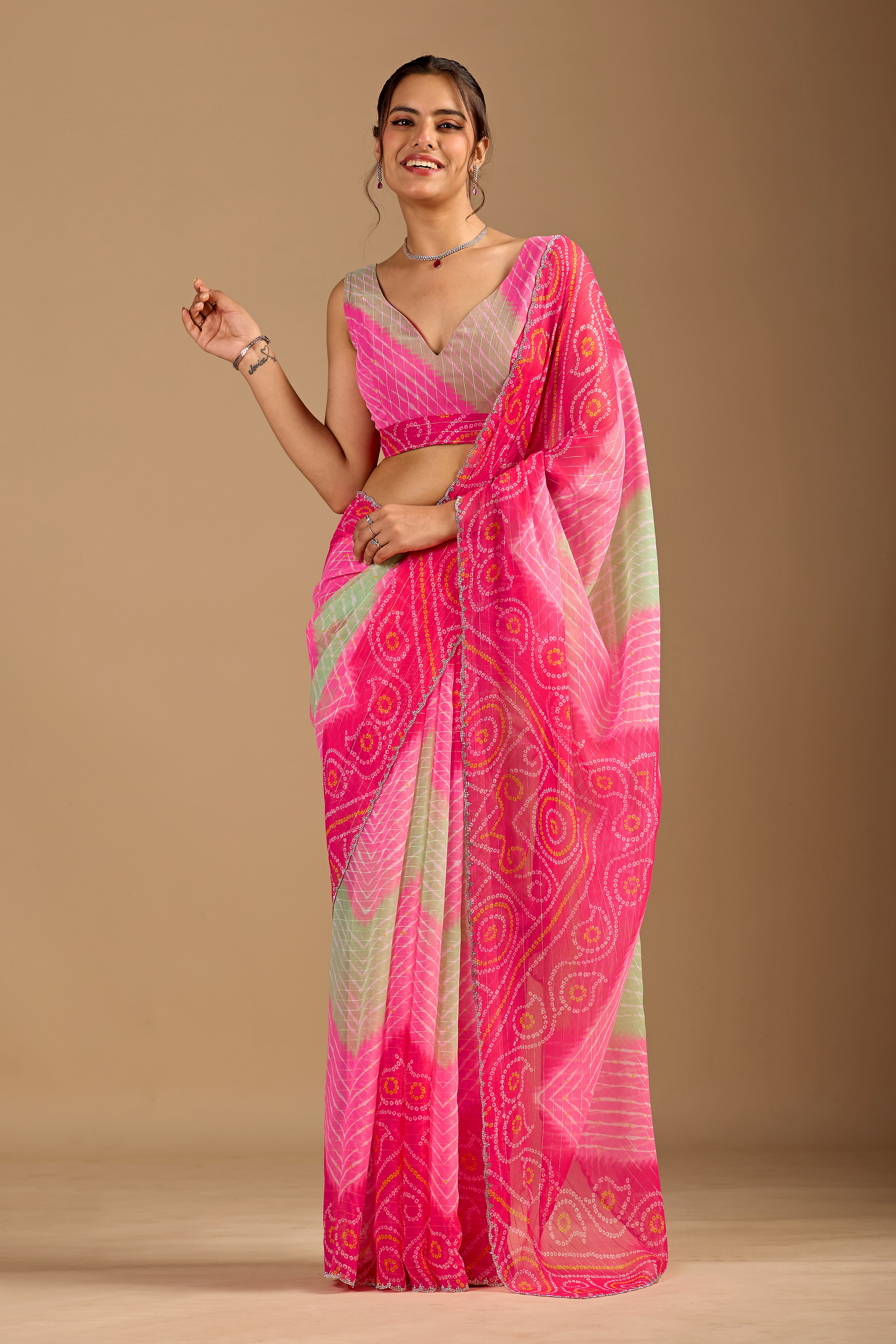 Red Chiffon Saree With Bandhani Print