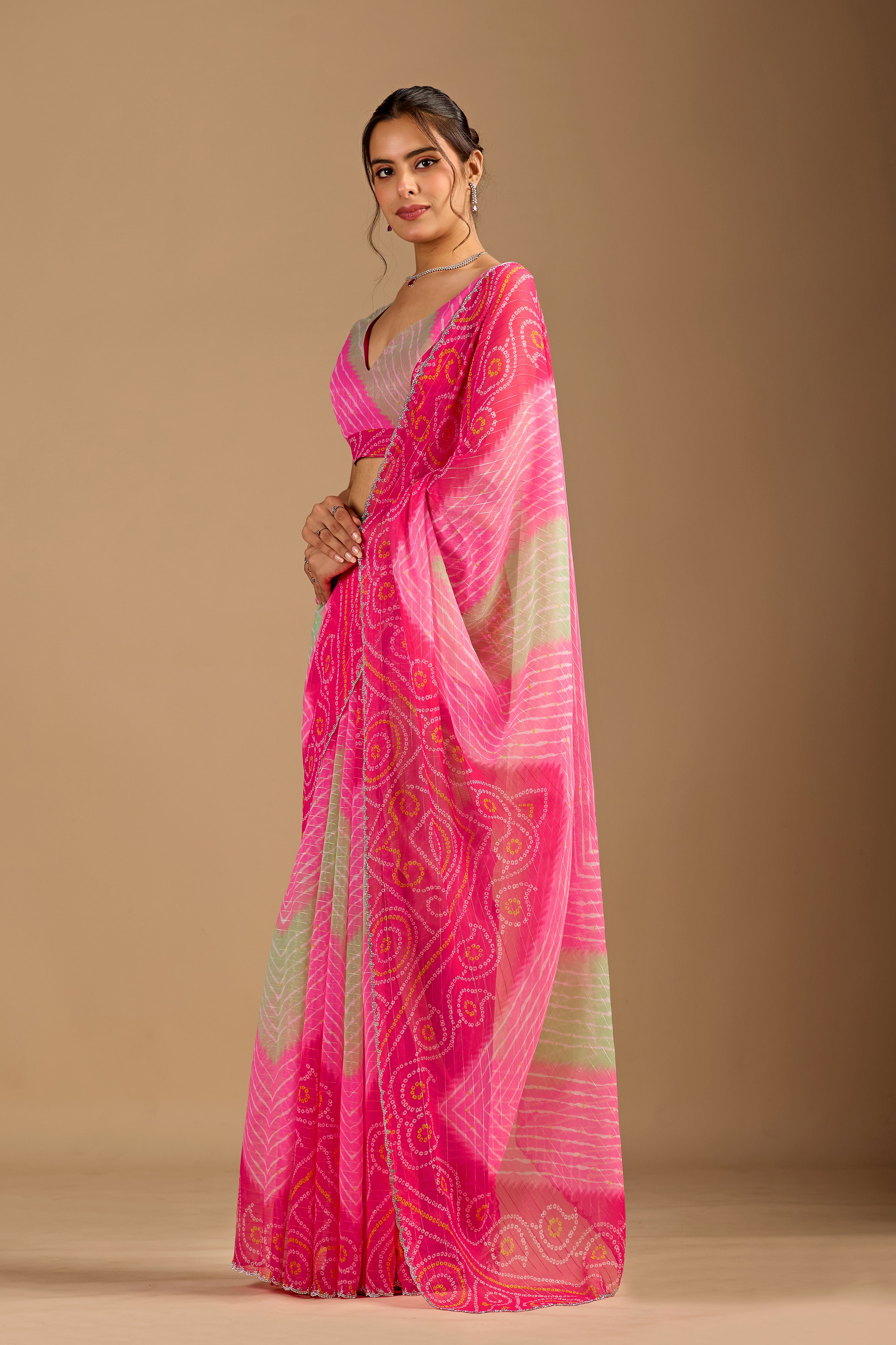 Red Chiffon Saree With Bandhani Print