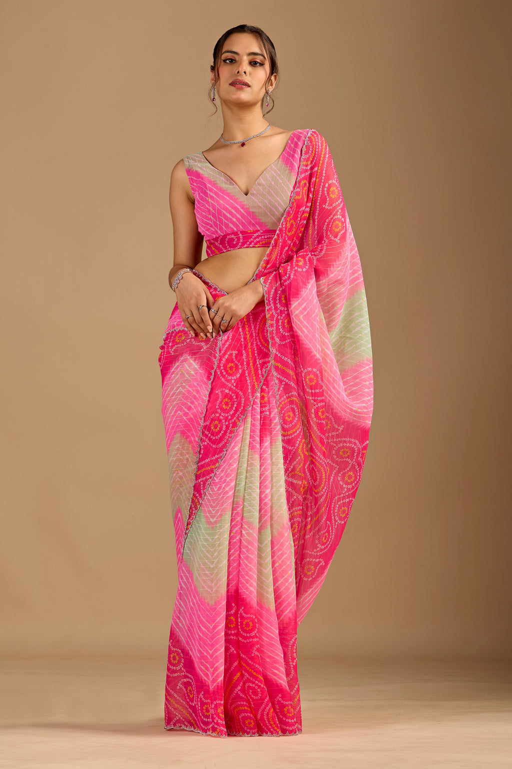 Red Chiffon Saree With Bandhani Print