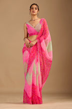 Red Chiffon Saree With Bandhani Print